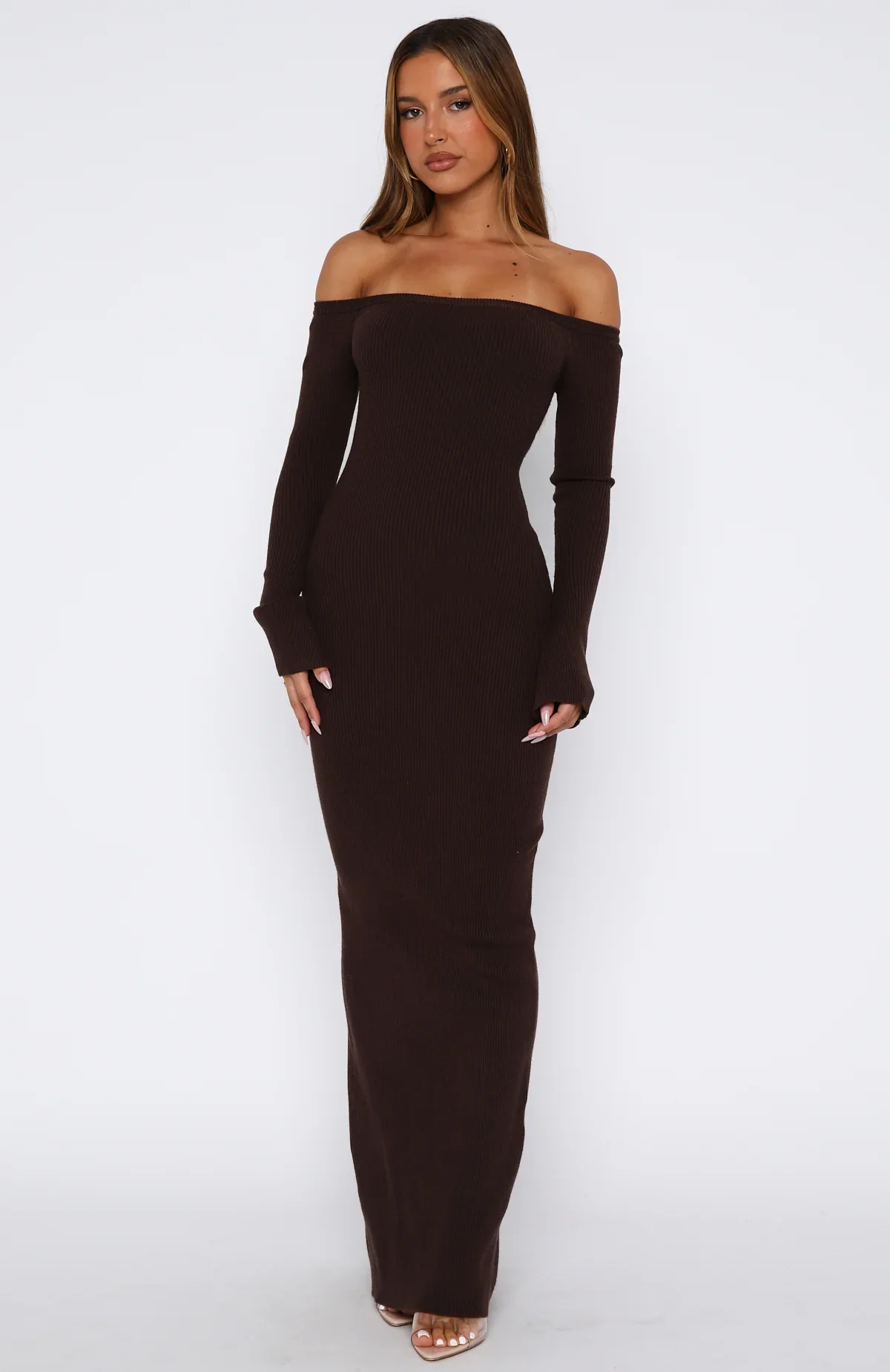 Star Studded Long Sleeve Knit Maxi Dress Chocolate