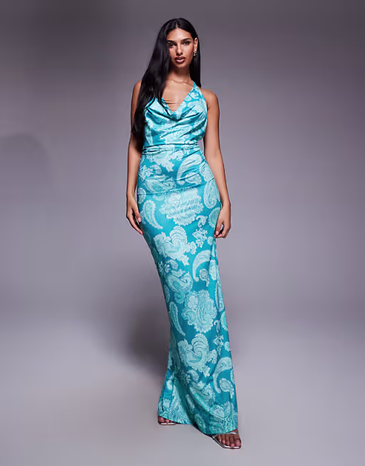 South Beach halterneck beach maxi dress in blue paisley print