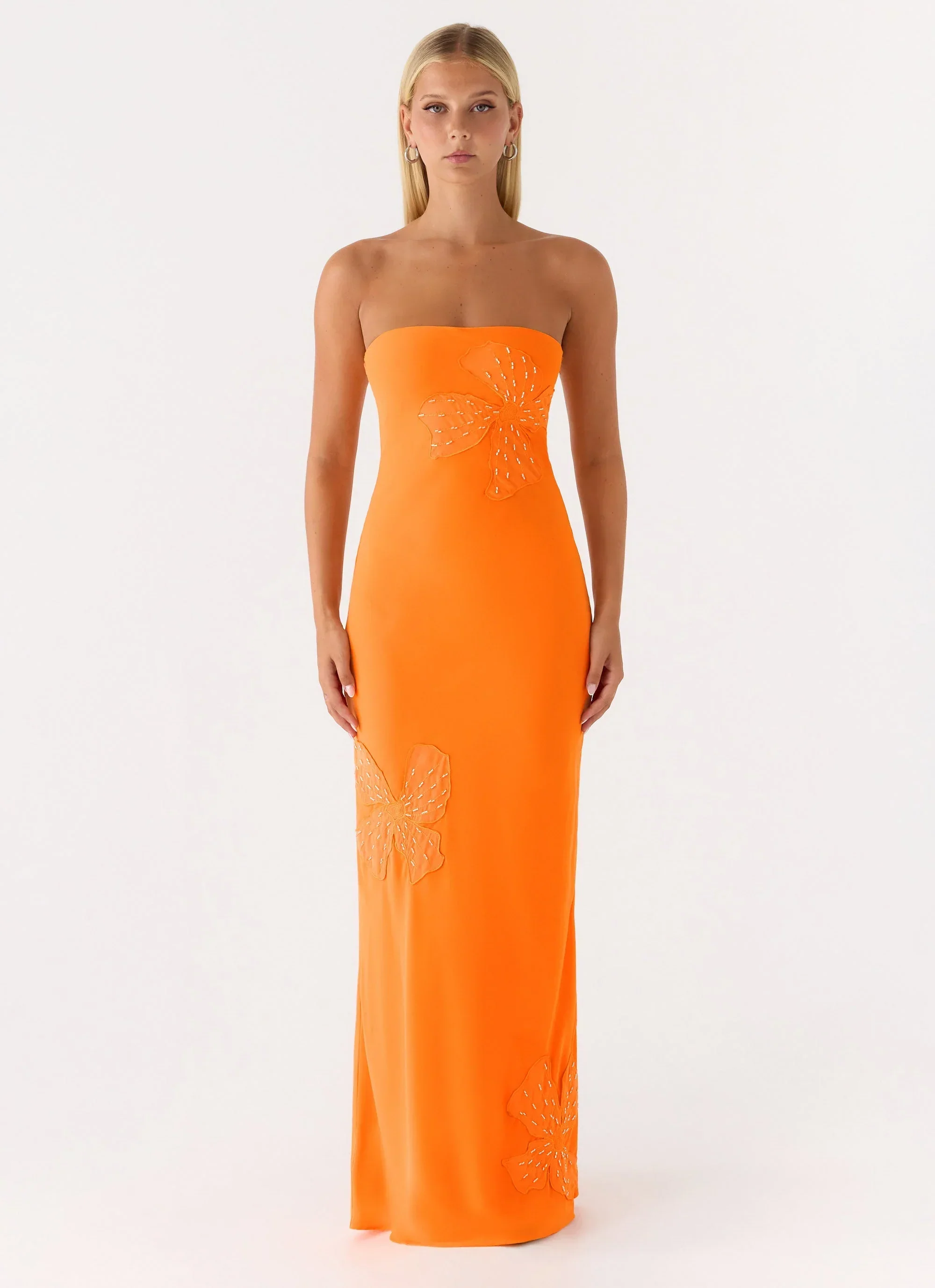 Sassafras Beaded Flower Strapless Maxi Dress - Orange