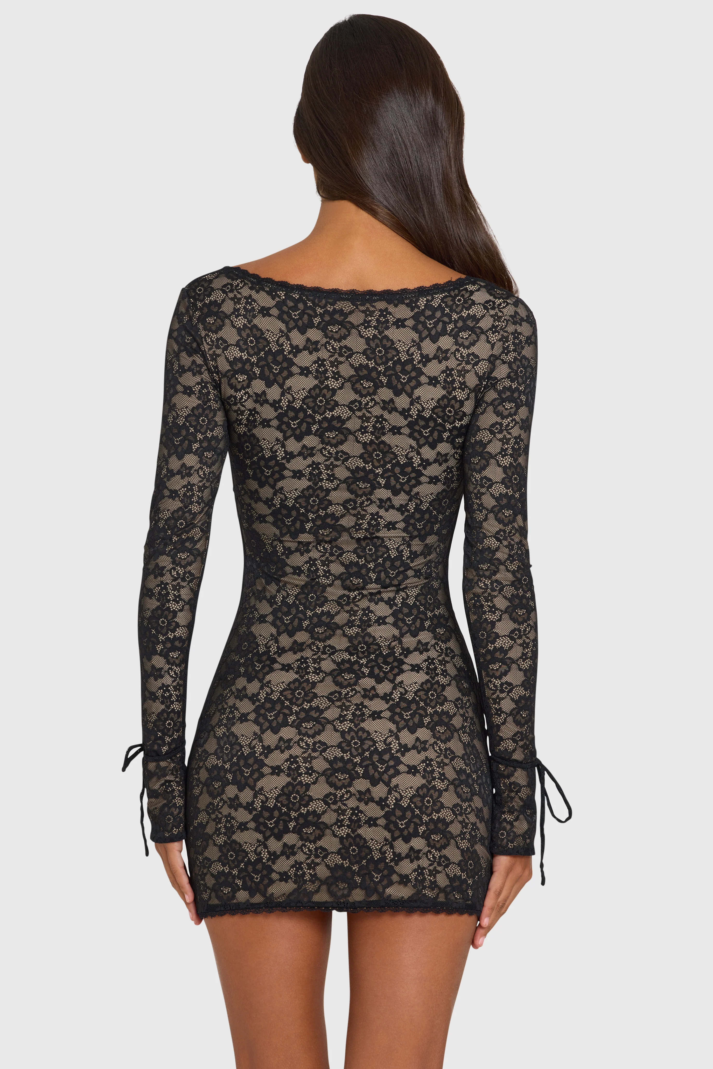 Lace Long-Sleeve Mini Dress in Black