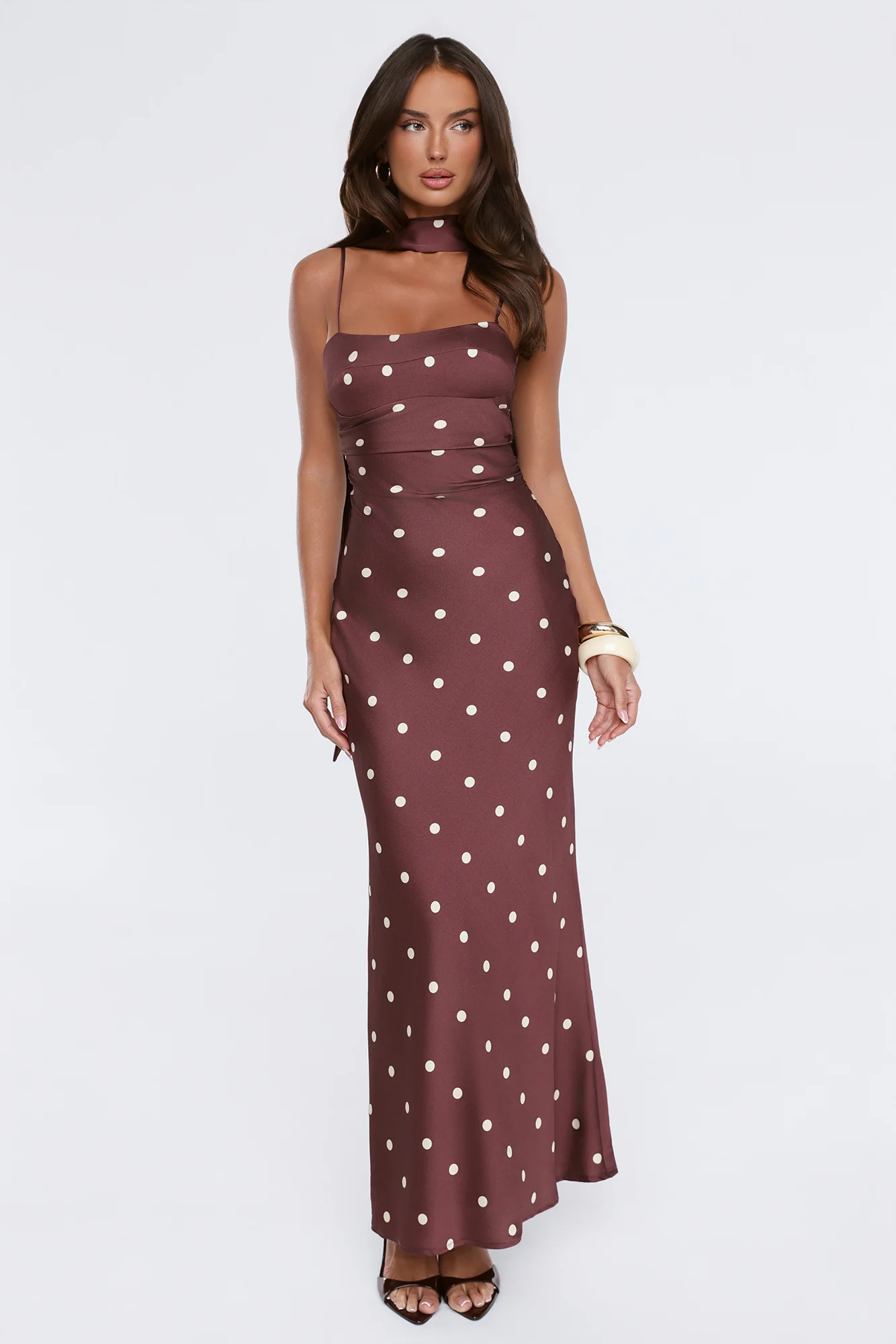 Bloom Star Polka Dot Satin Strapless Maxi Dress Brown