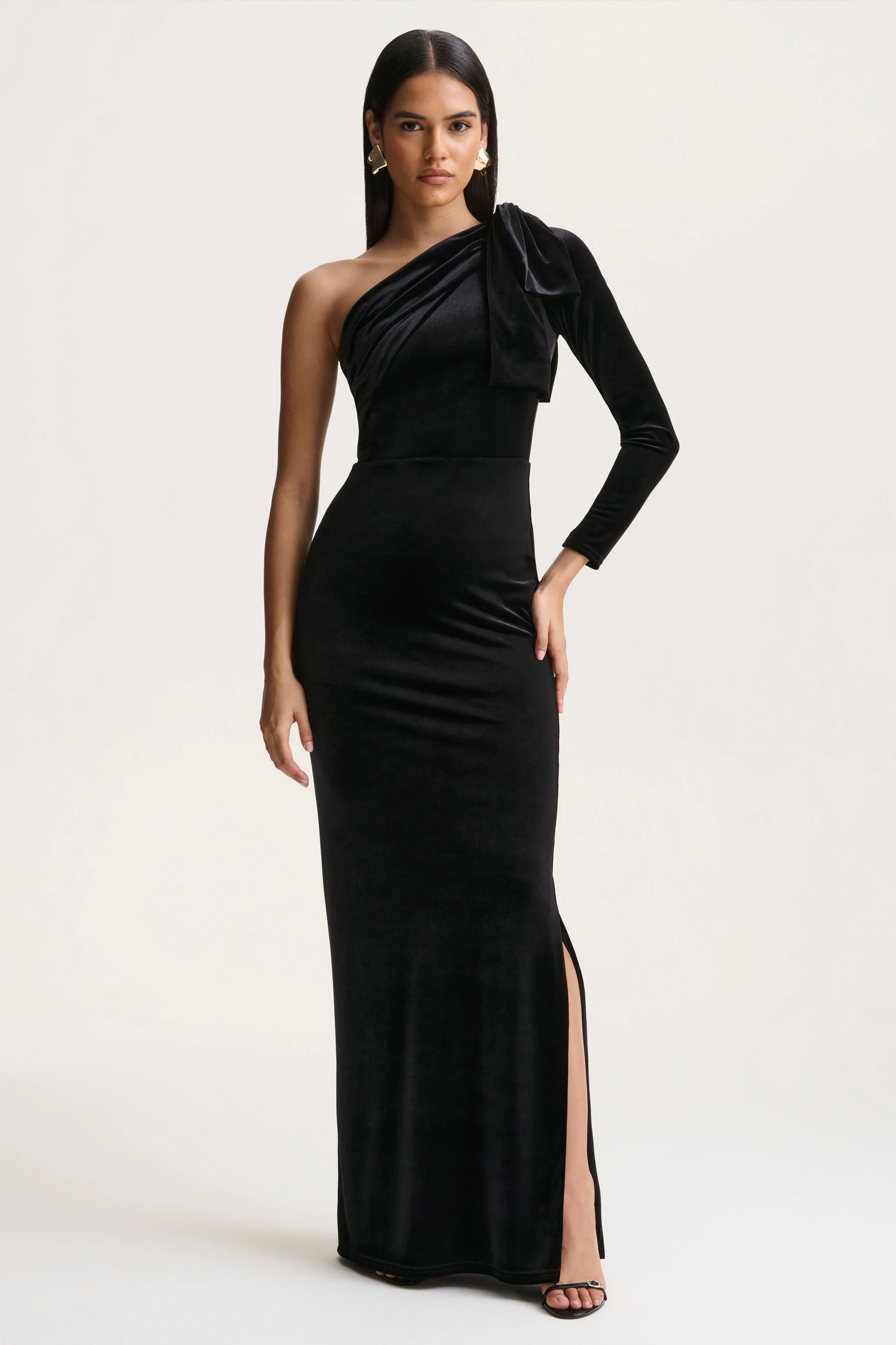 Farryn | Black Asymmetric-Neck Maxi Dress With Bow Detail