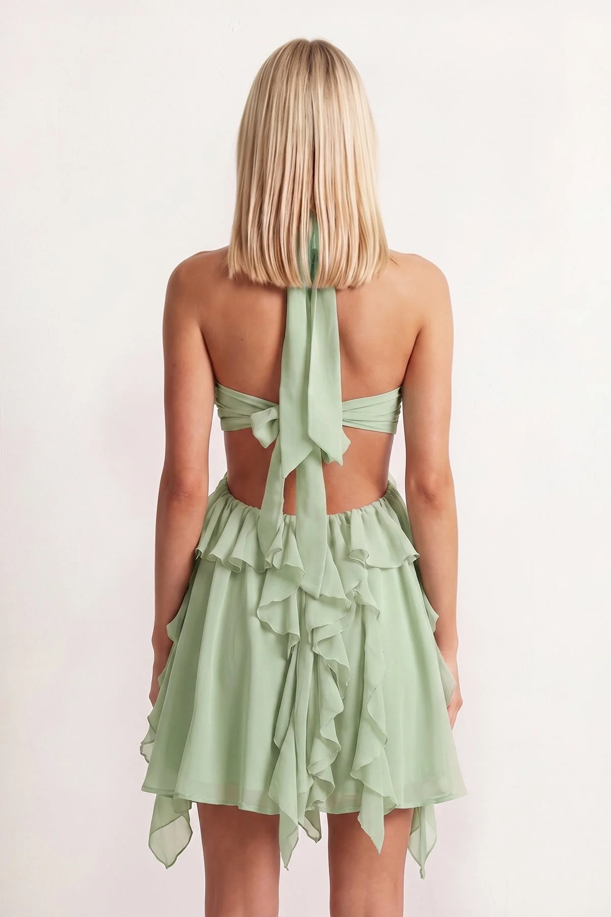 Pink Halter Ruffled A-Line Cut-Out Chiffon Homecoming Dress with 3D Flower