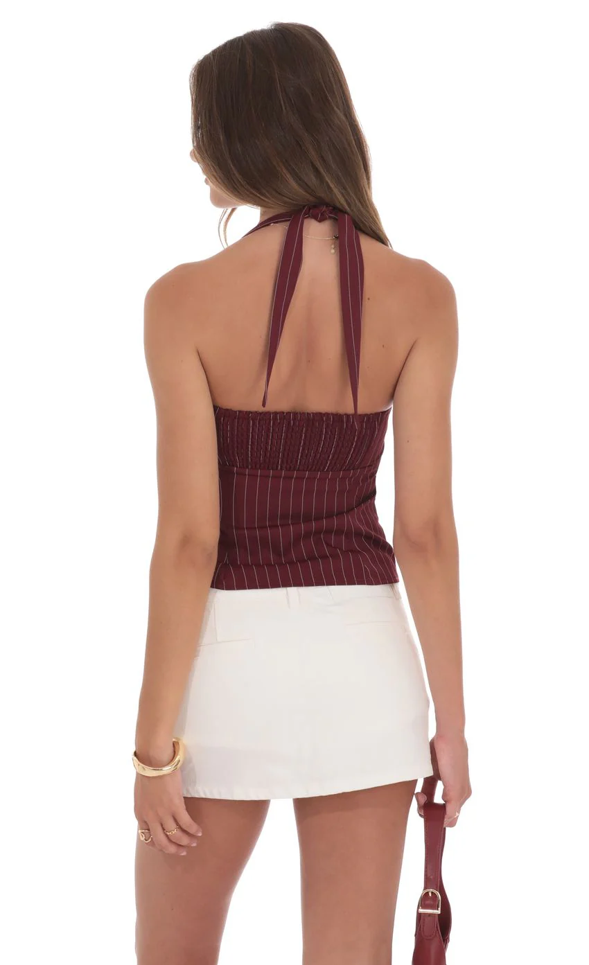 Halter Pinstripe Top In Burgundy