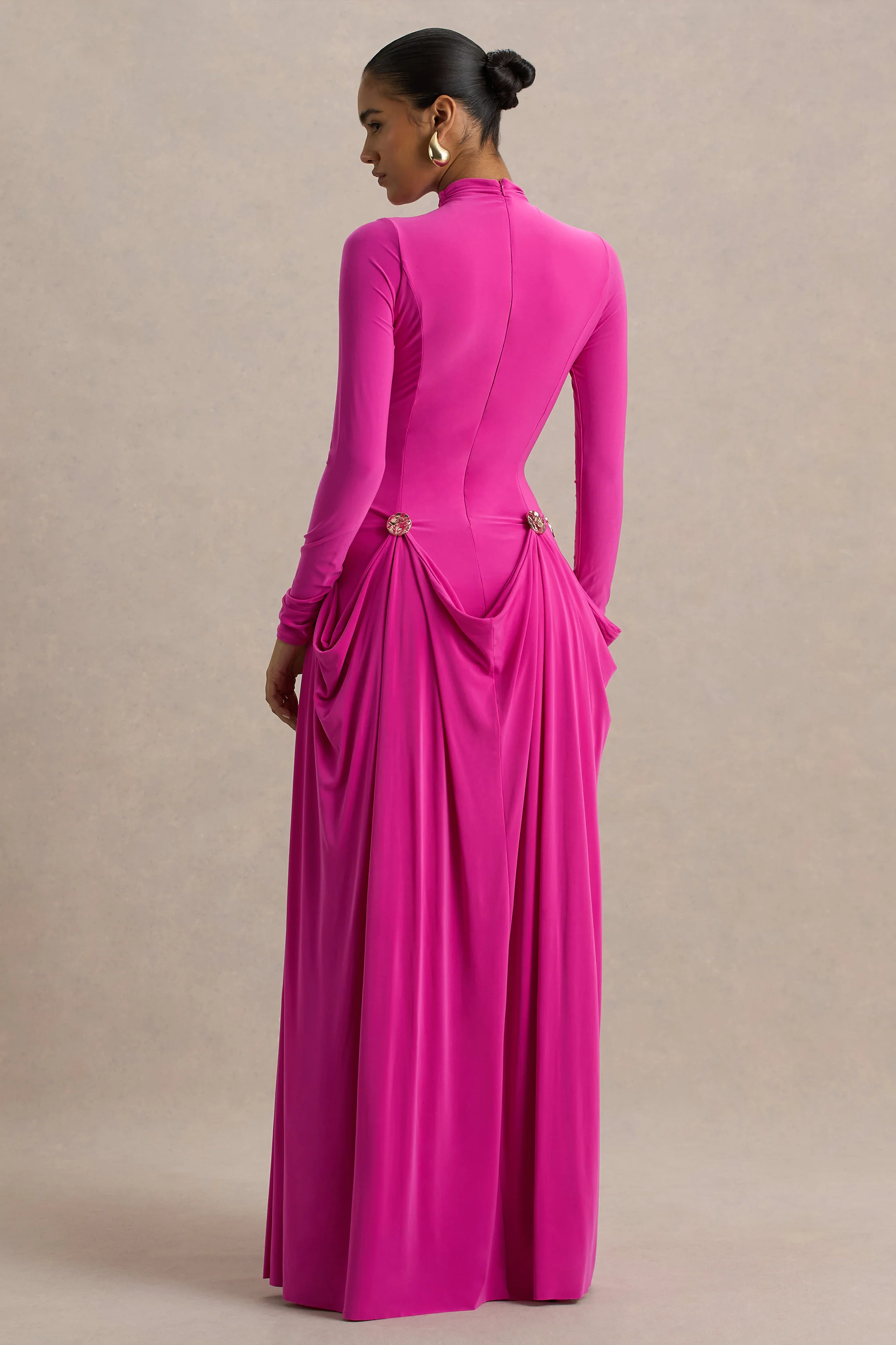 Caprice | Hot Pink High-Neck Maxi Dress With Embellished Details