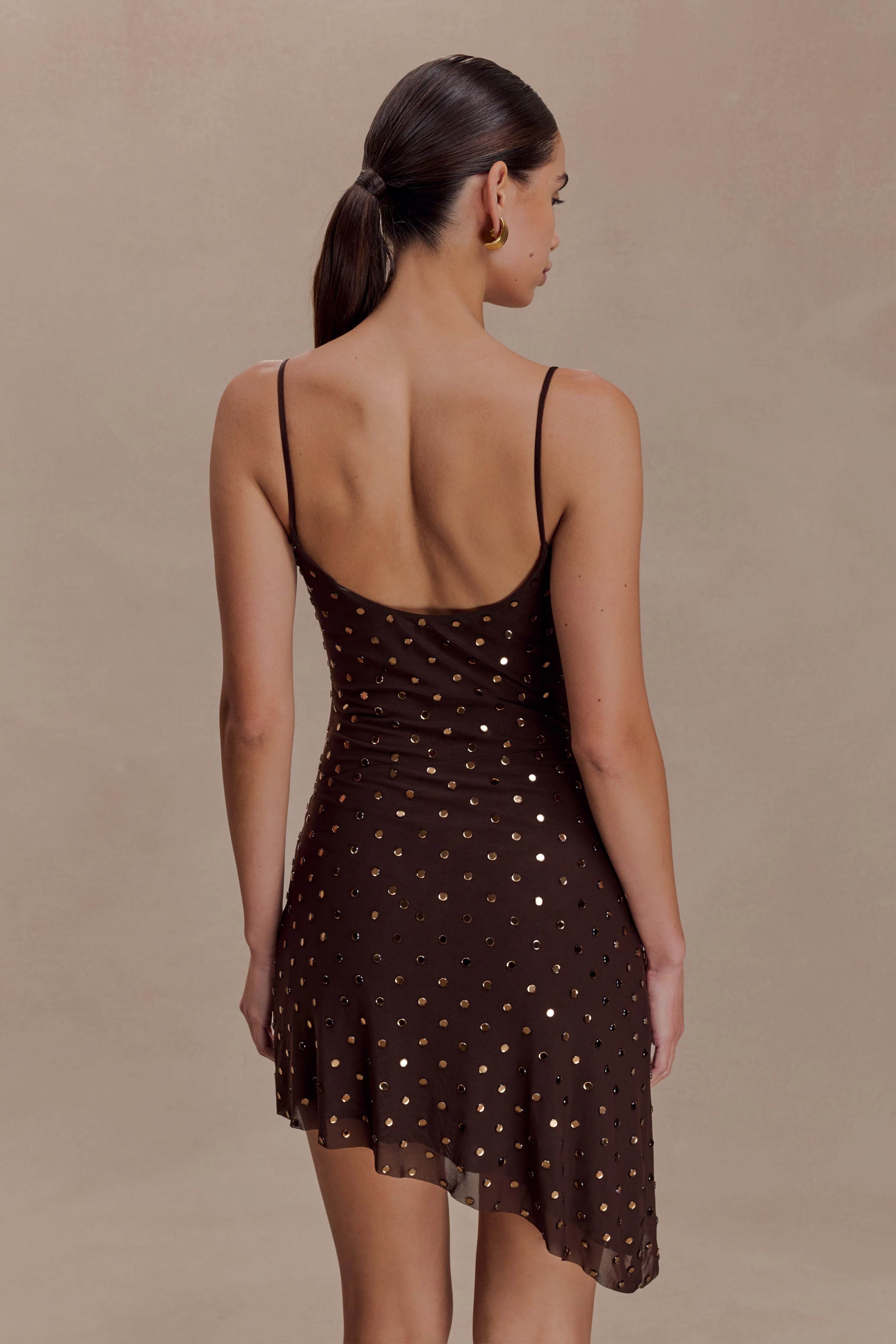 Zahra Diamante Cowl Mini Dress - Chocolate