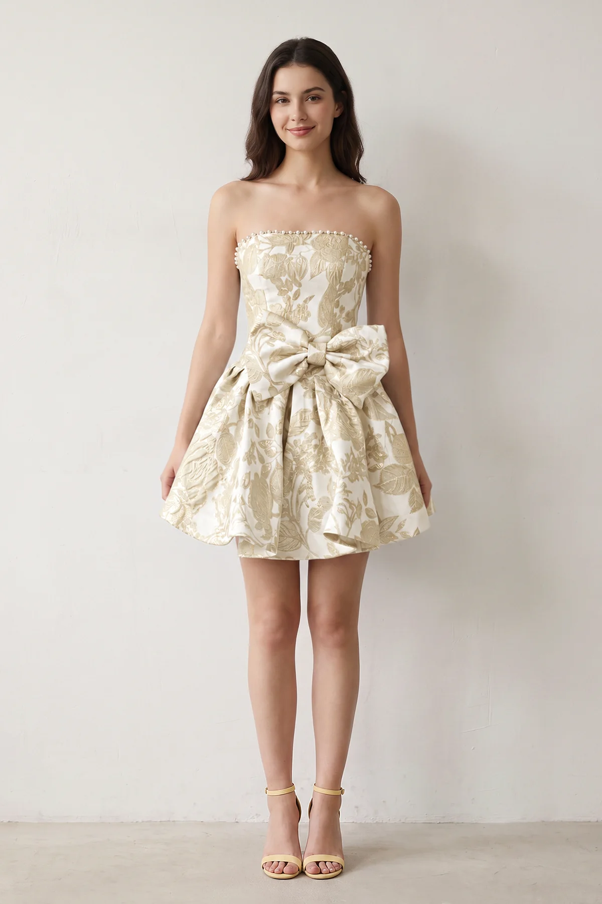 Blue Flower Jacquard Strapless A-Line Bowknot Homecoming Dress With Pearl