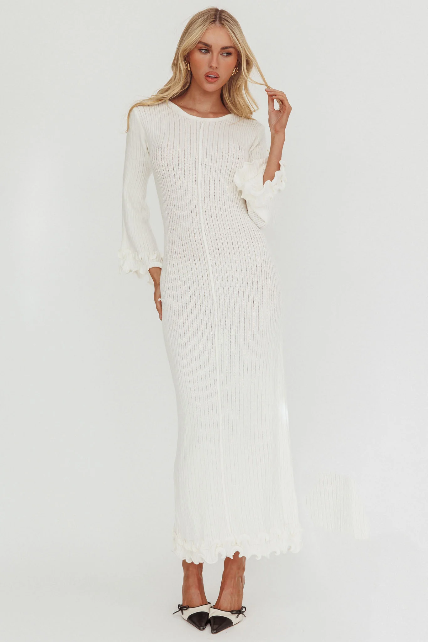 Wrenna Bell Sleeve Knit Maxi Dress White