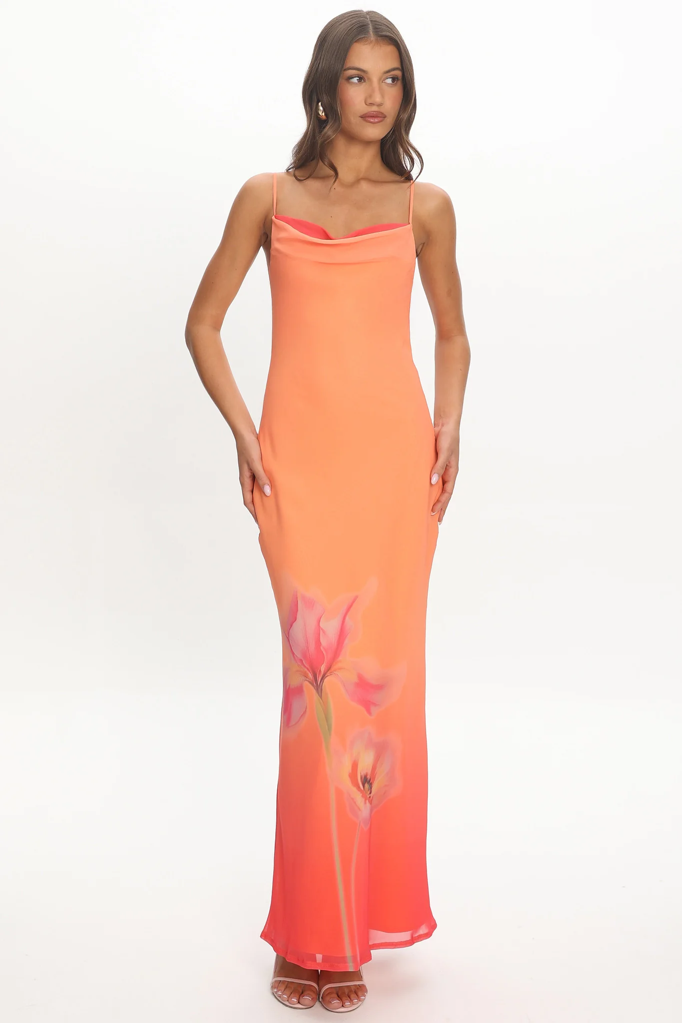 Sorbetto Cowl Neck Maxi Dress Flower Tangerine