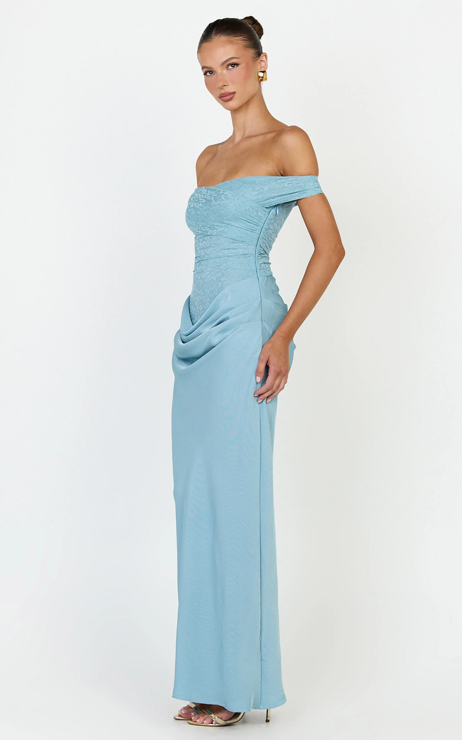 Thalassa Maxi Dress - Lace Off Shoulder Contrast Draped Cowl Waist Dress in Light Blue