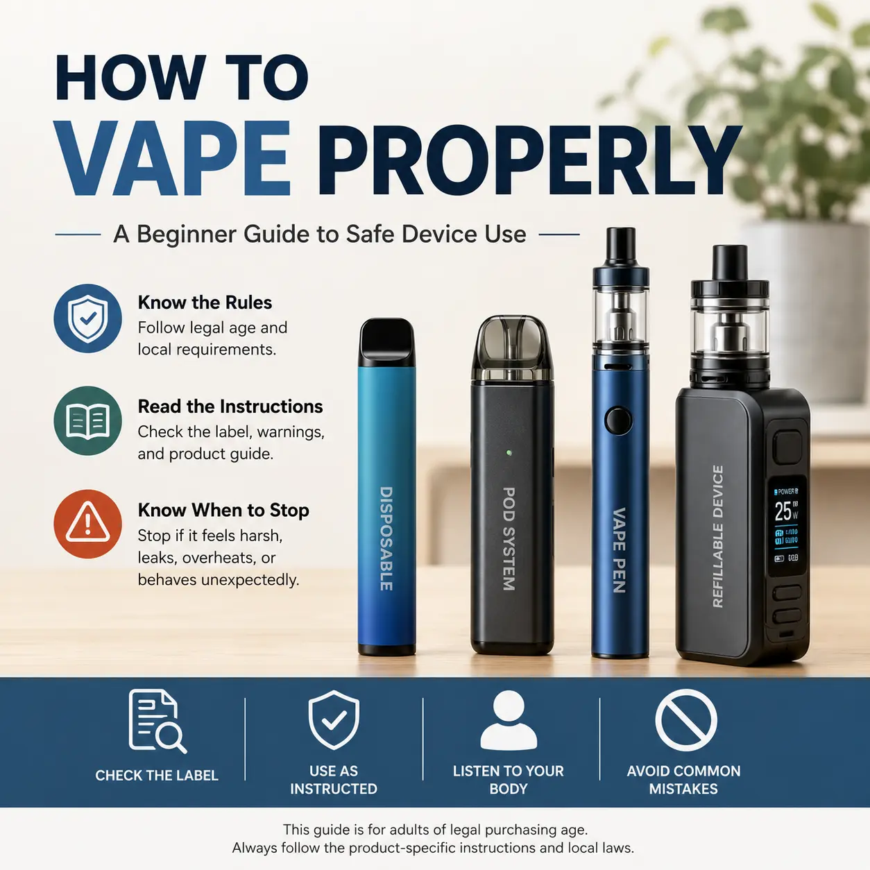 Beginner guide cover about how to vape properly, showing vape devices with safety tips, instructions, and warning icons