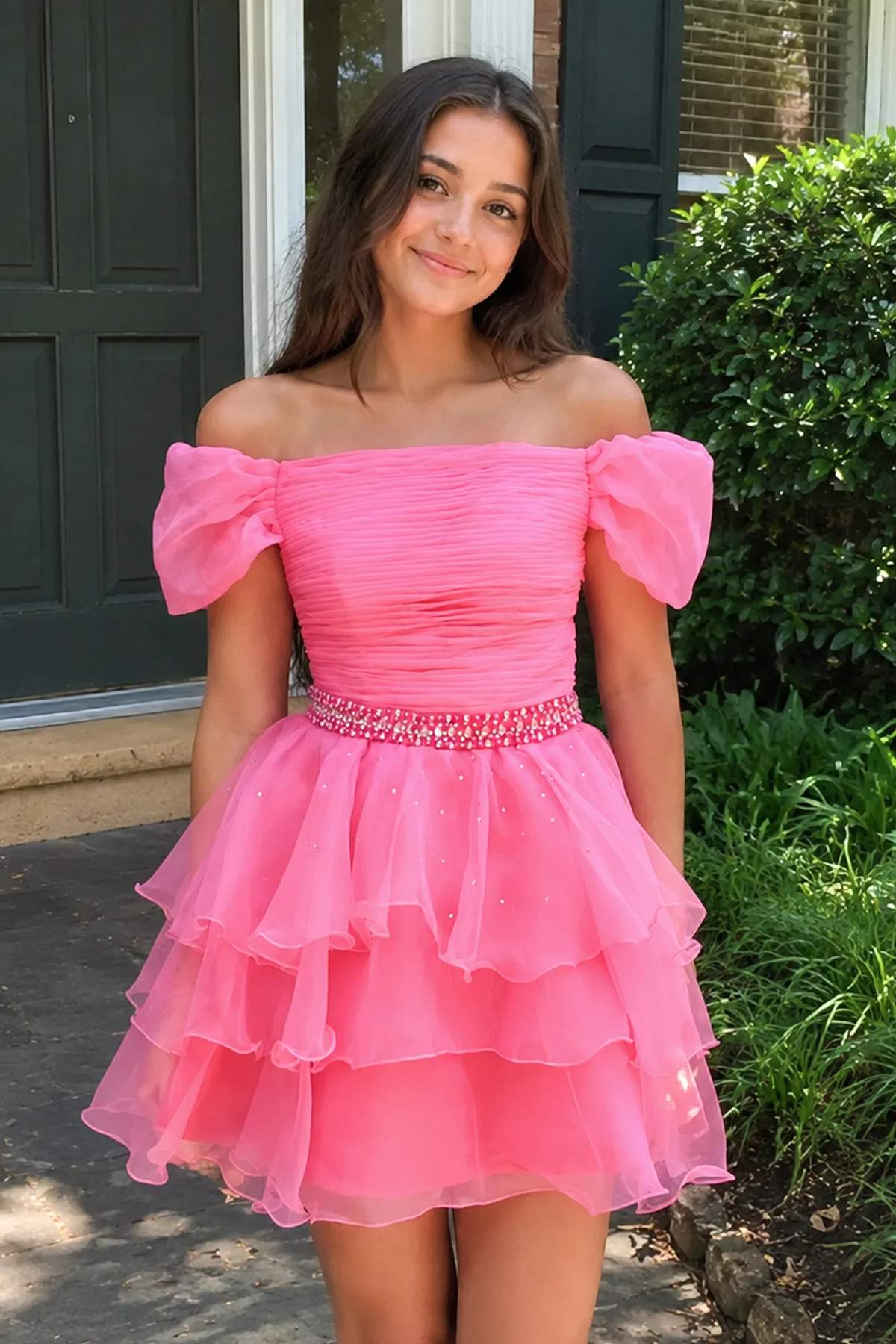 Hot Pink Off-the-Shoulder Ruffle Short Homecoming Dress