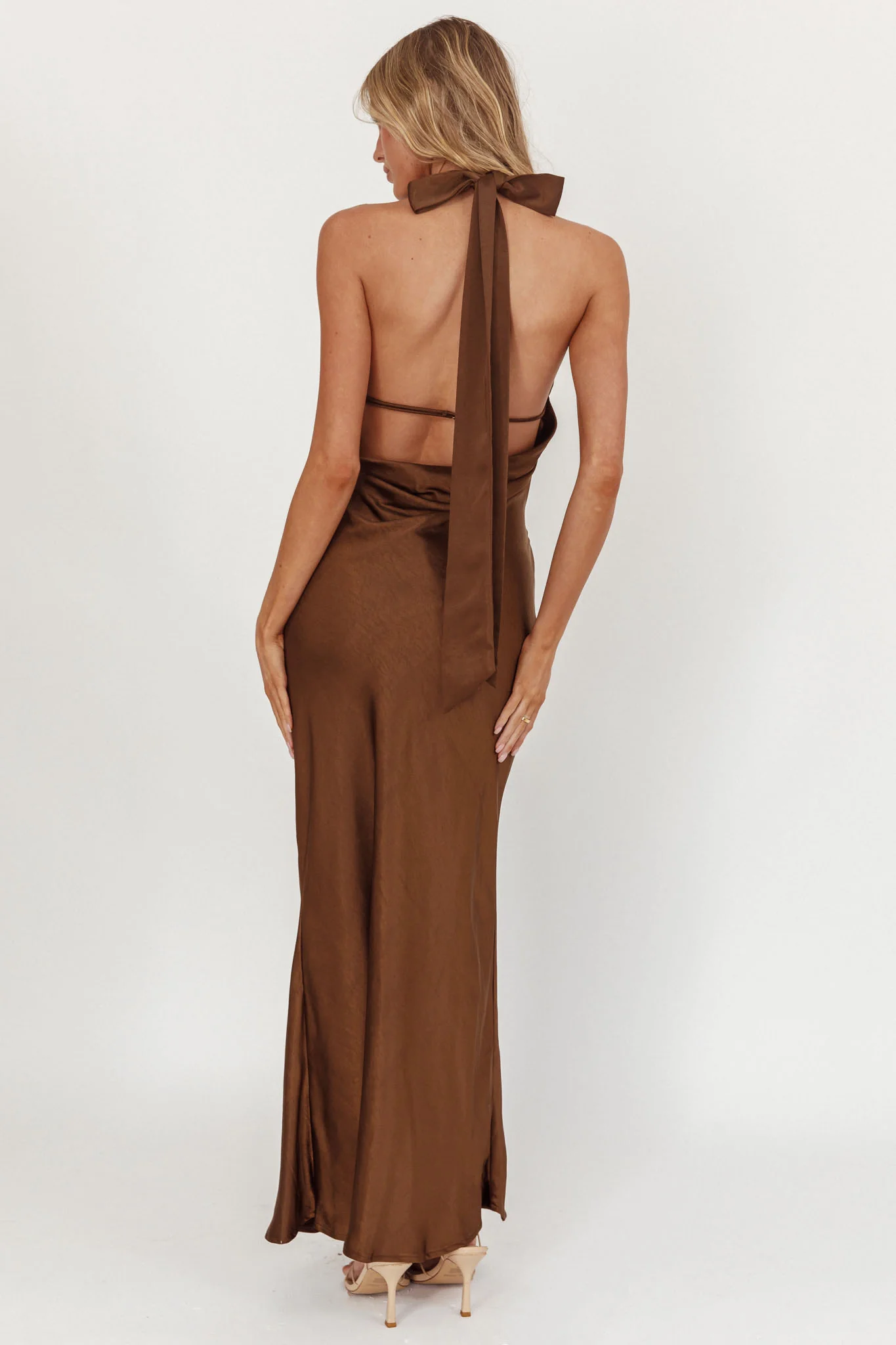 Italia Azure Crossover Halterneck Maxi Dress Chocolate - luluinthesky