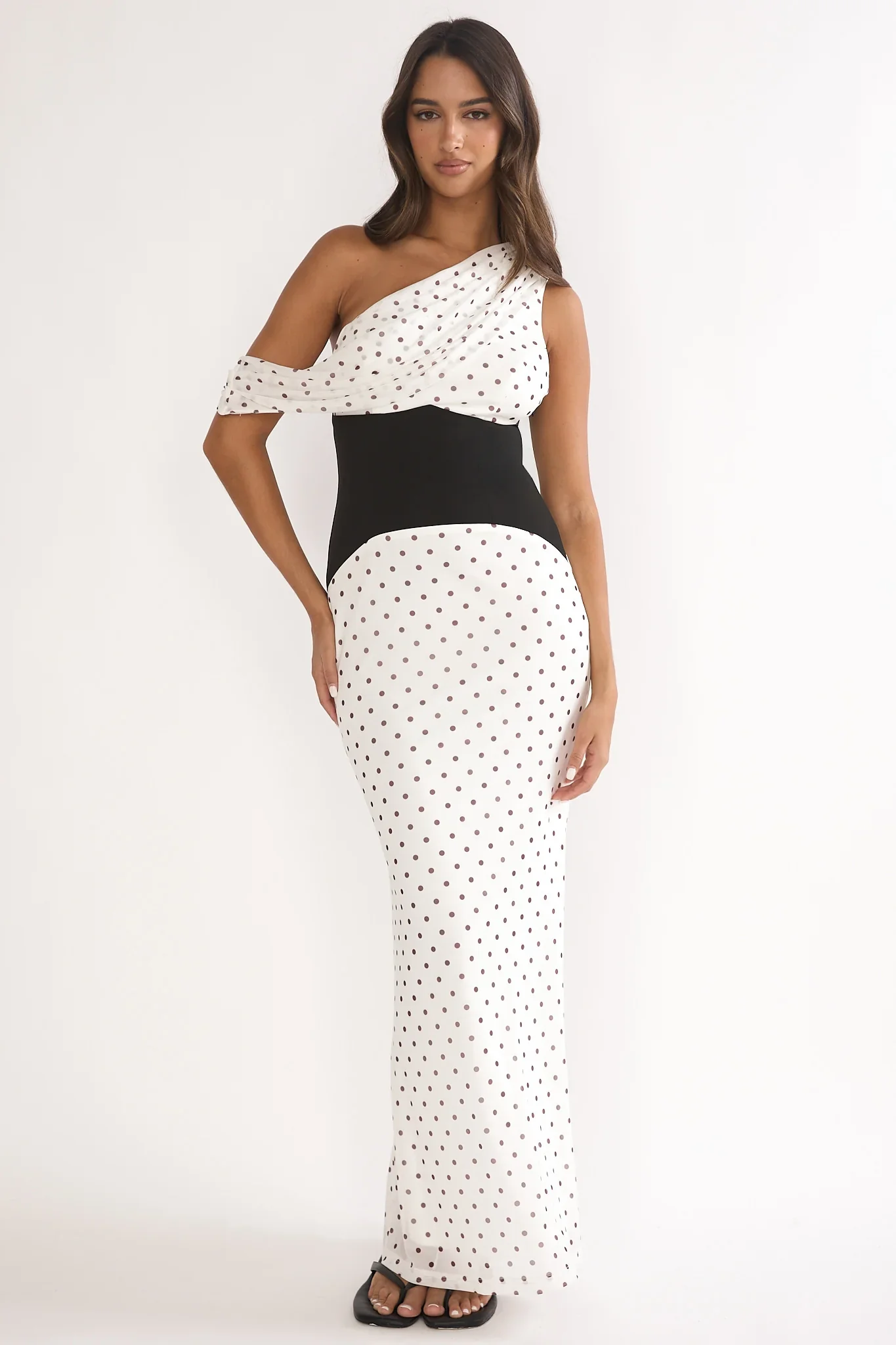 Milos Asymmetric Neckline Maxi Dress Polka Dot Brown