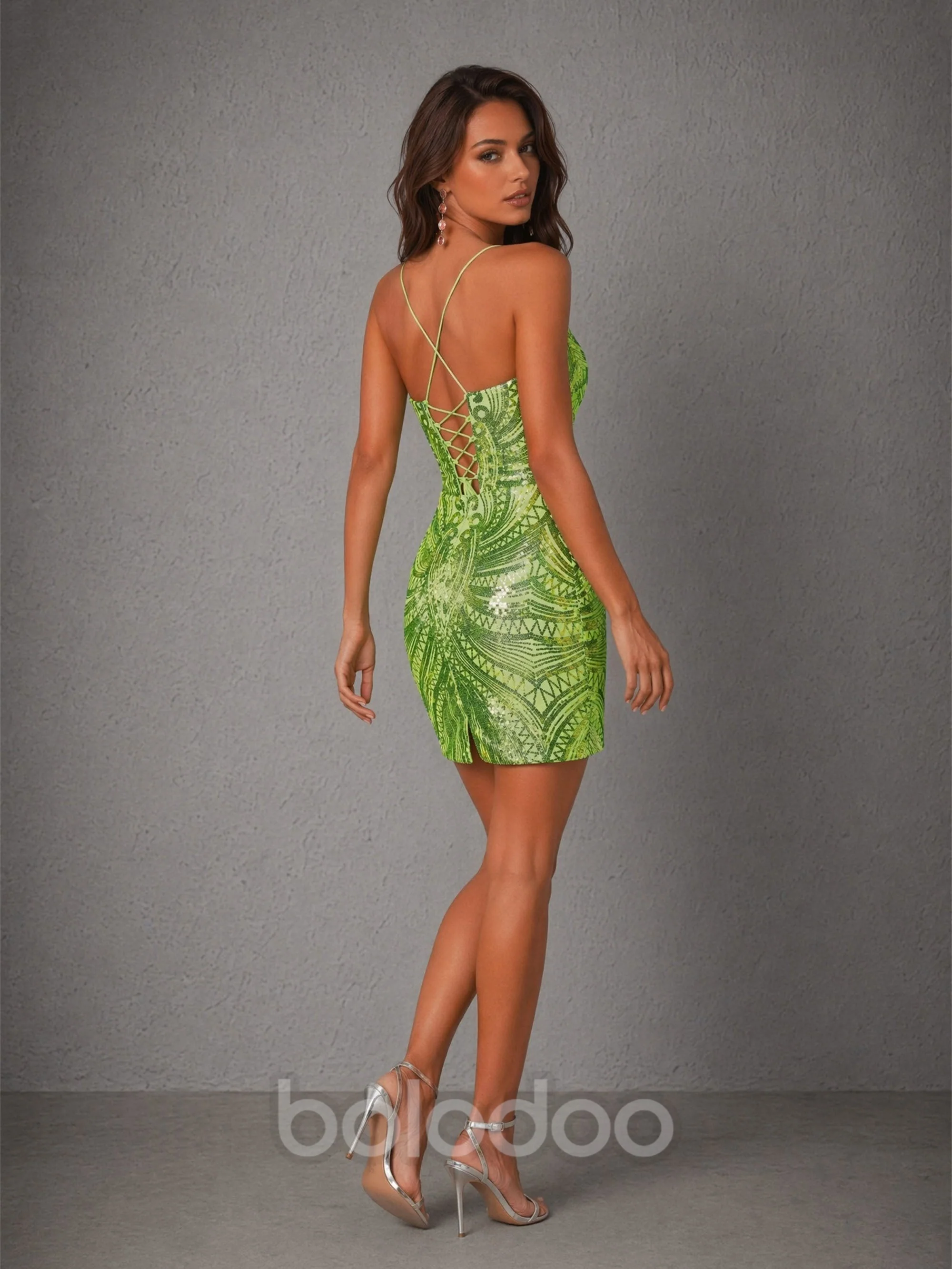BOLODOO Lime Green Sequin Spaghetti Strap Mini Dress – Geometric Pattern Lace-Up Open Back Bodycon