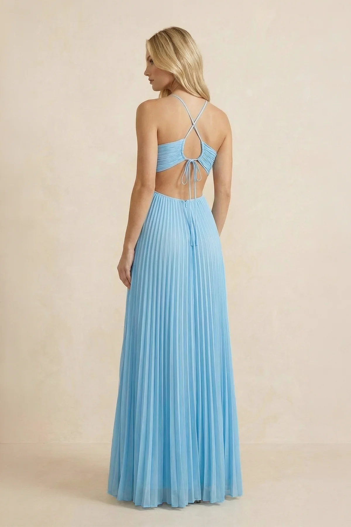 Halter Pleated Maxi Dress With Cutout in Sky Blue - luluinthesky
