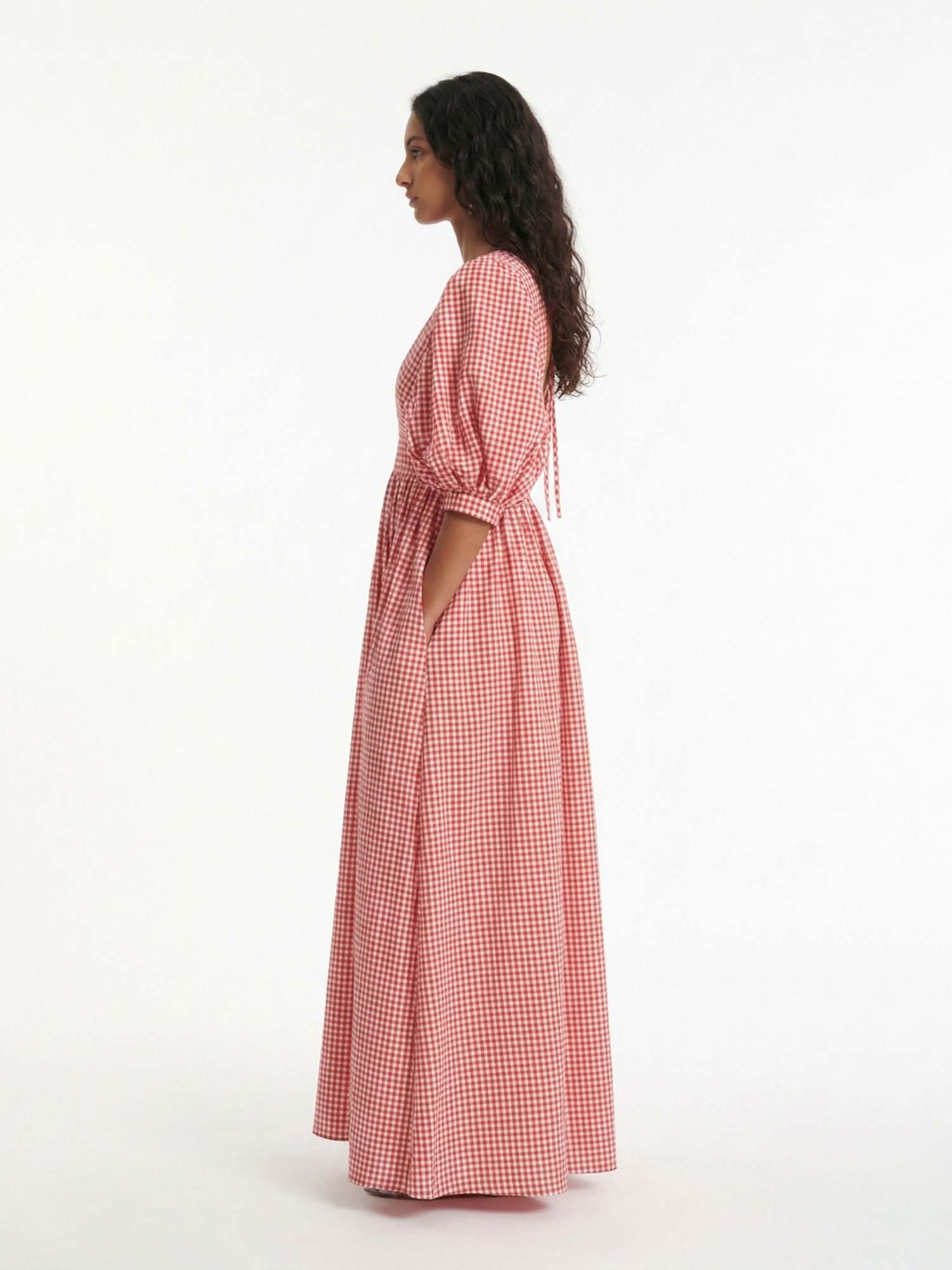 Red Gingham Puff Sleeve Maxi Dress