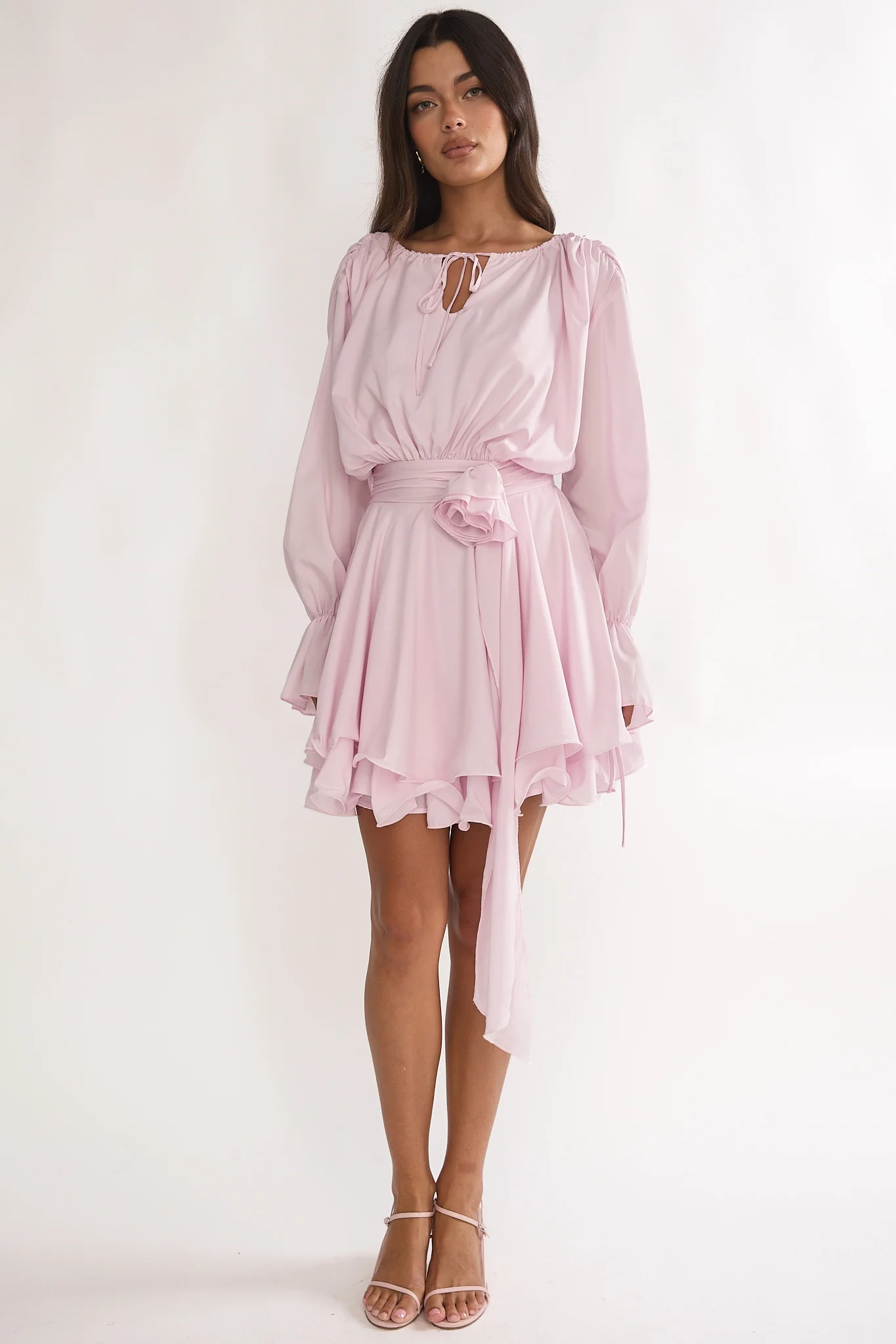 Maeva Long Balloon Sleeve Rosette Mini Dress Baby Pink - luluinthesky