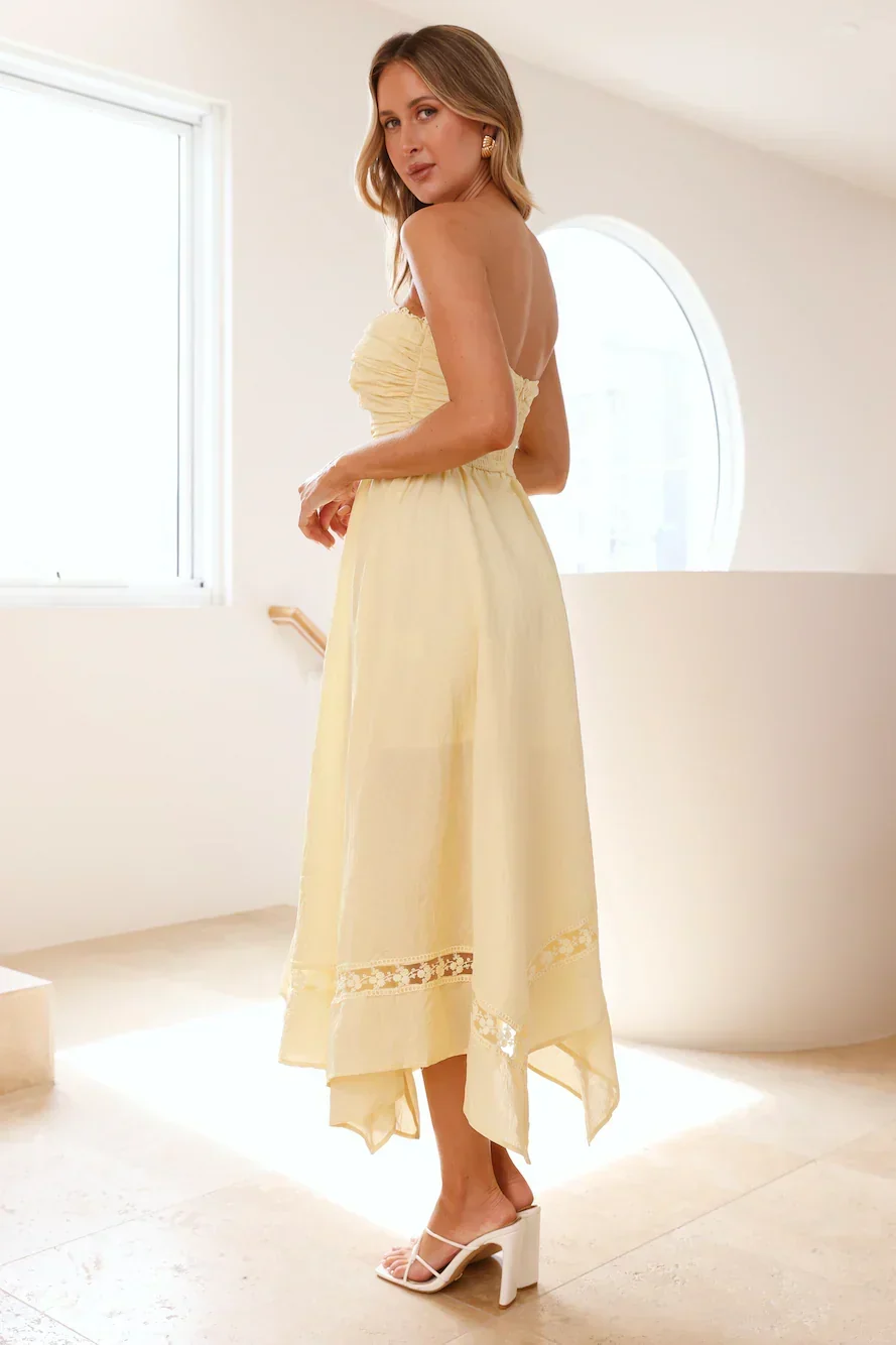 Visit The Moon Strapless Midi Dress Yellow - luluinthesky
