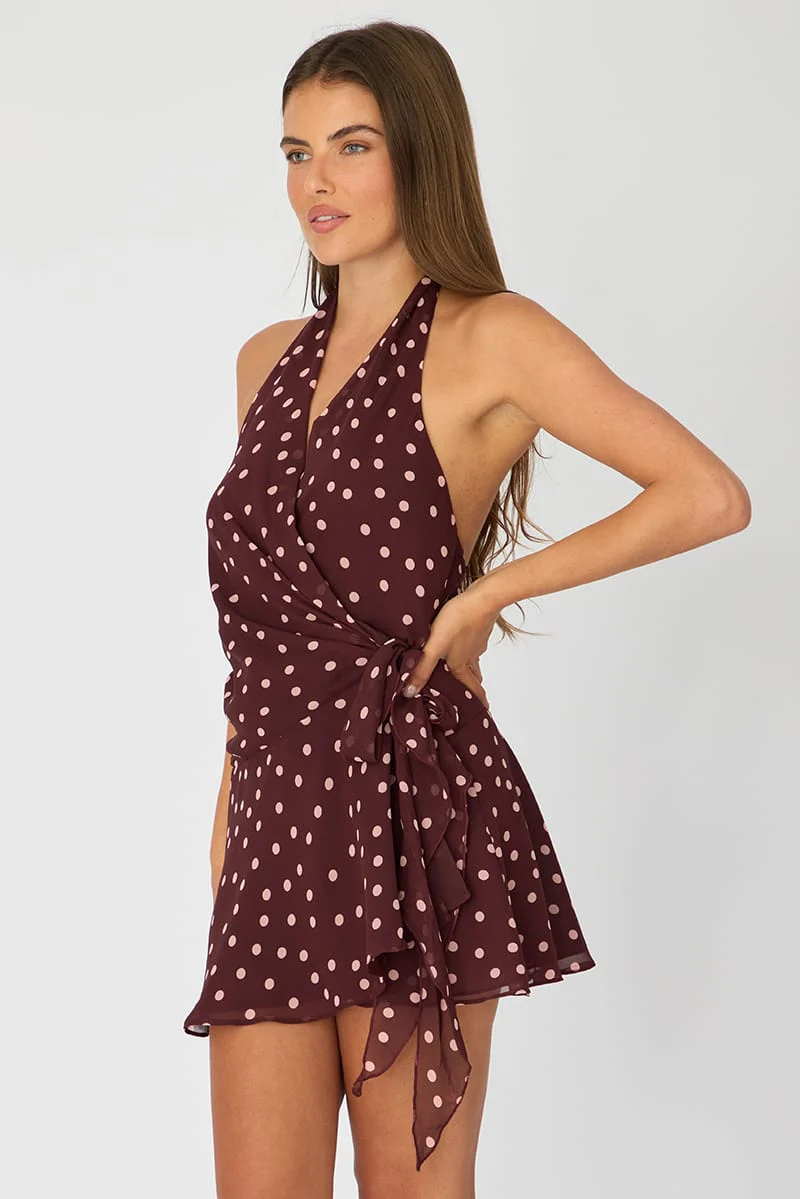 Red Polka Dot Wrap Dress Halter Neck Mini