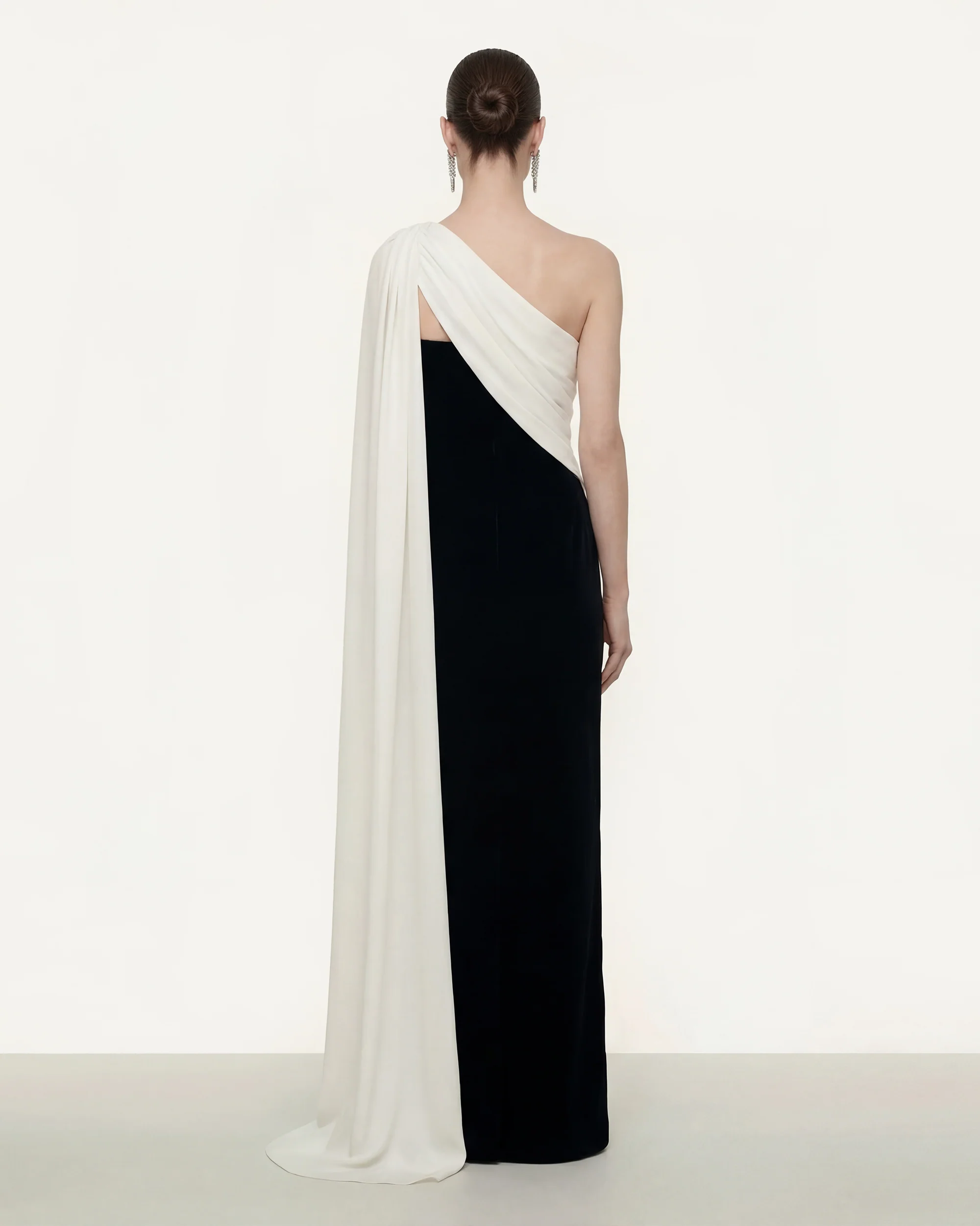 One Shoulder Draped Maxi Dress - Black White - FASHION NOB
