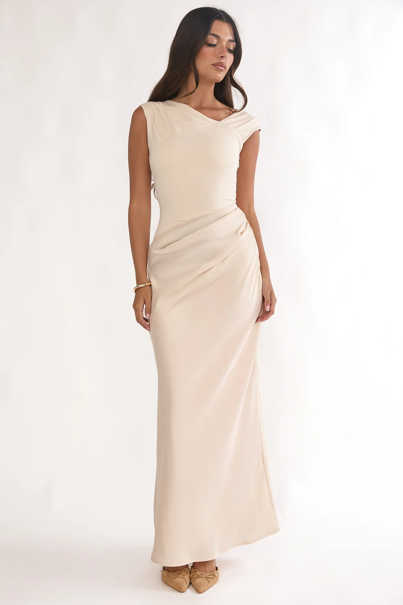 Brinelle Side Pleat Maxi Dress Ecru