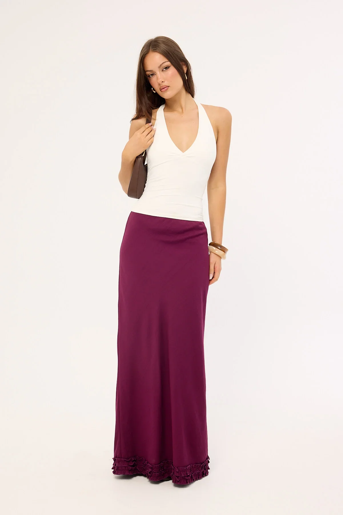 Perfect Stranger Jada Frill Maxi Skirt Plum