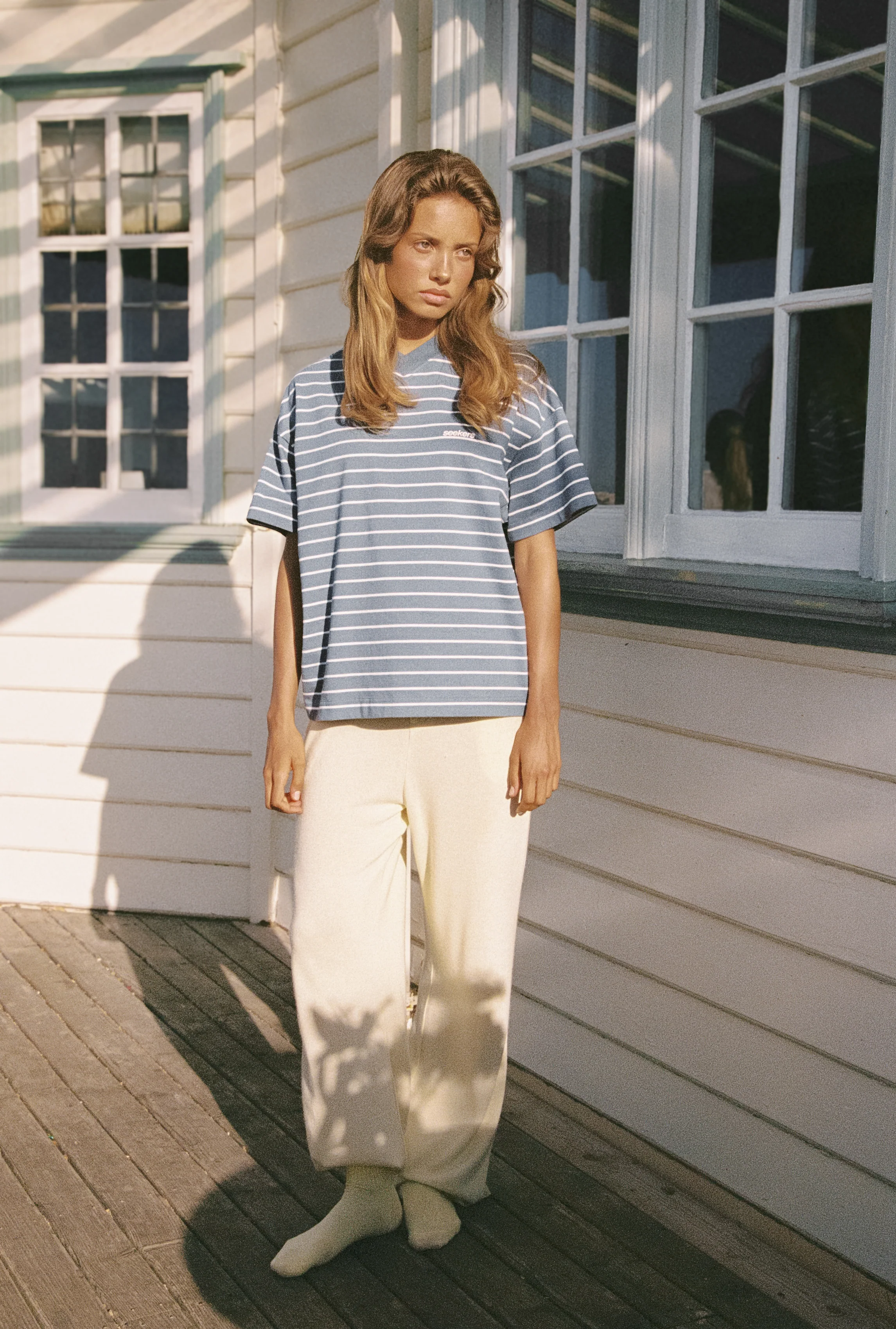 Devon Striped Oversized Tee in Blue Wash