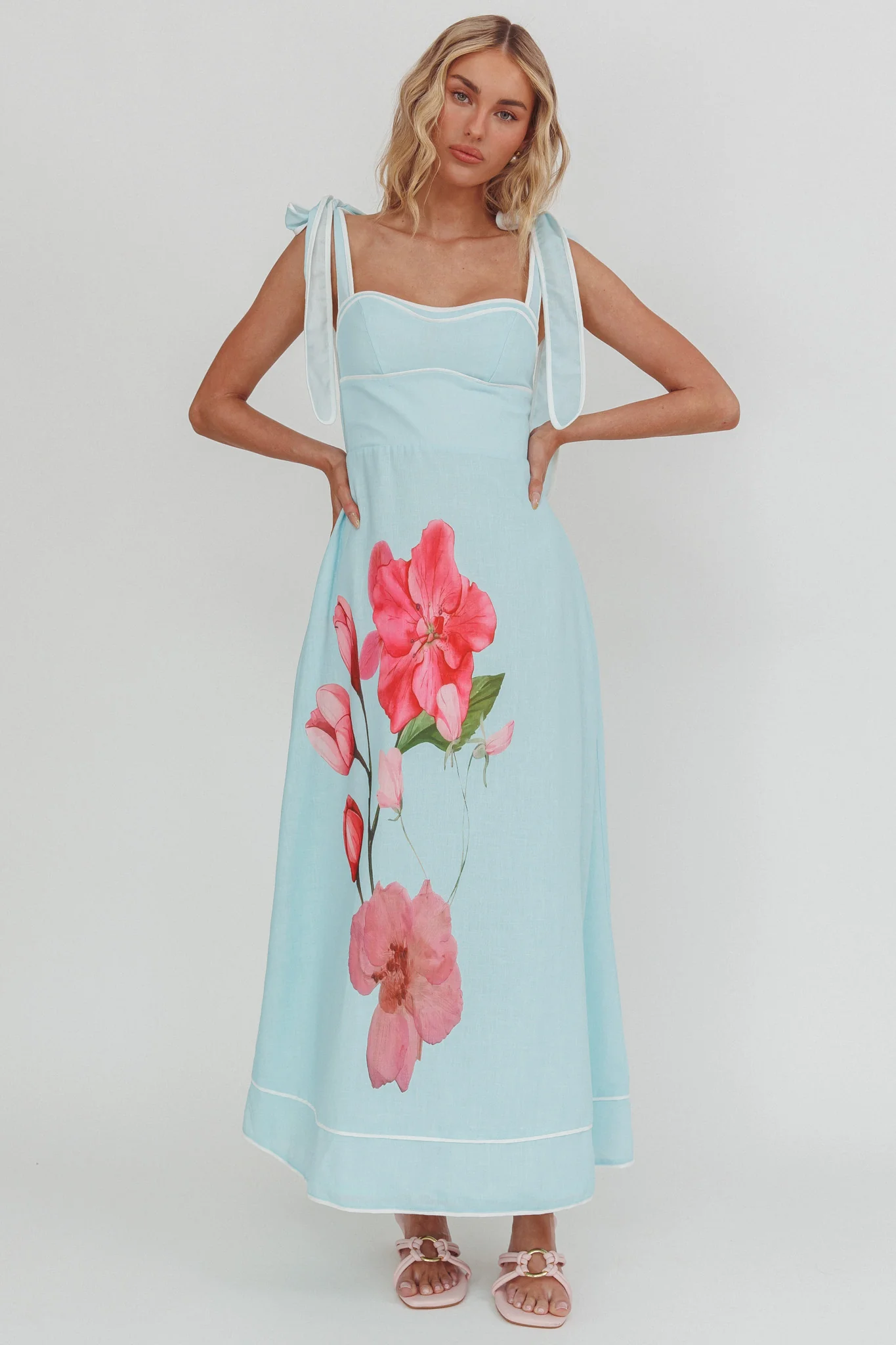 Averin Tied Shoulder Maxi Dress Flower Mint