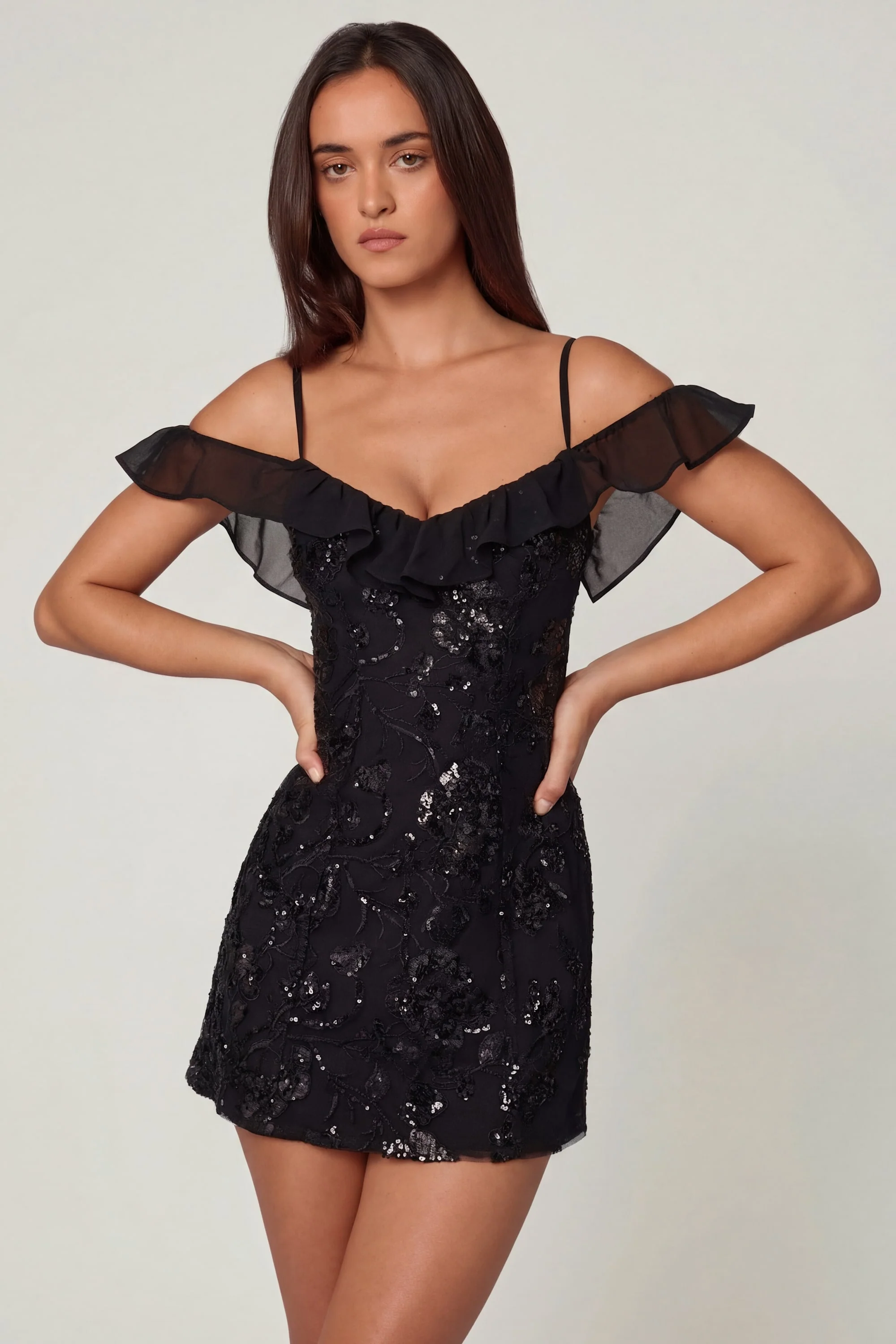 Embellished Lace-Up A-Line Mini Dress in Black