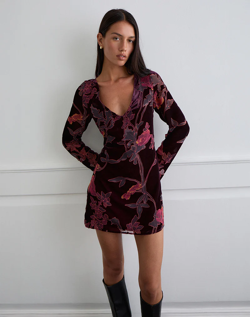 Alitra Mini Dress in Floral Devore Burgundy