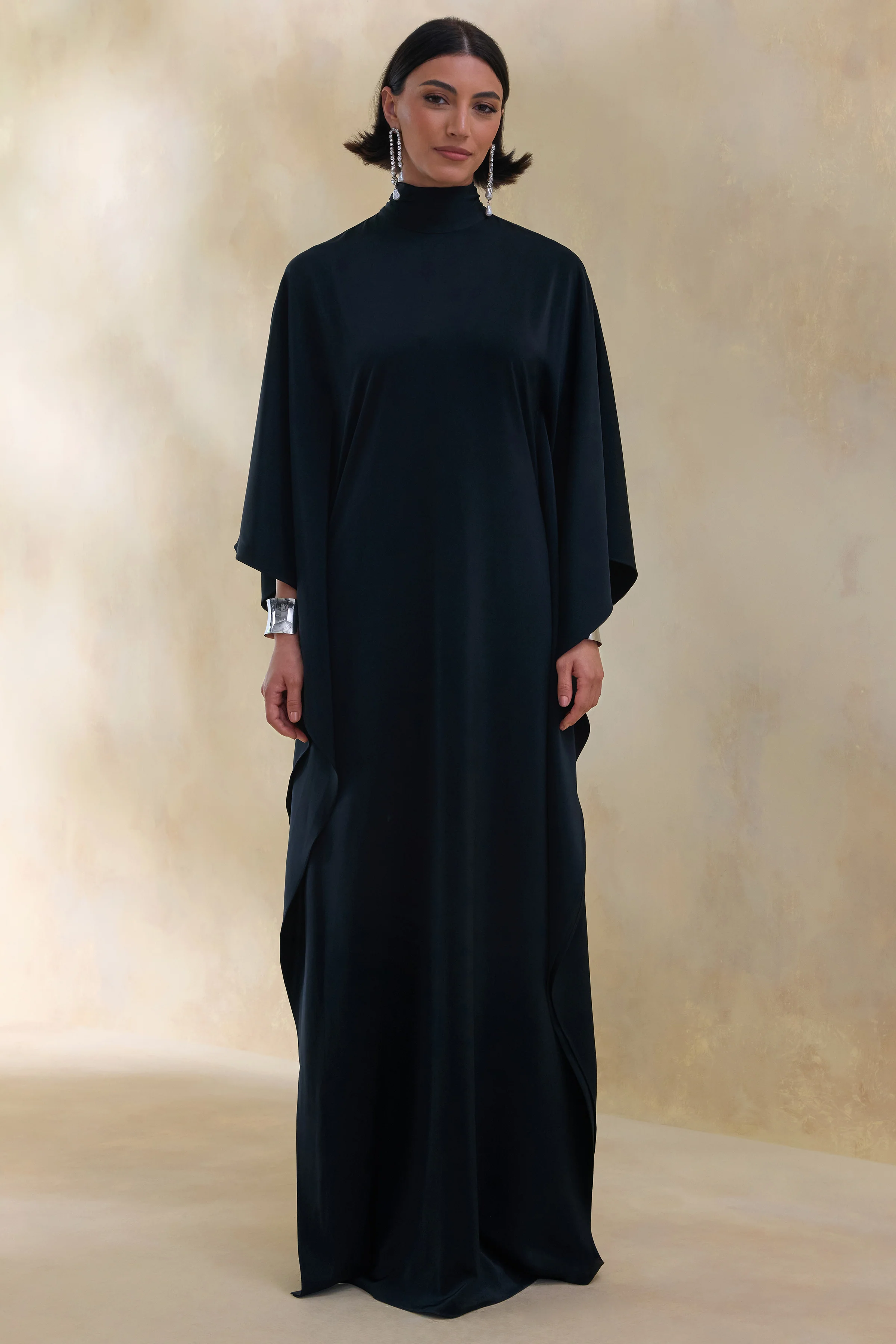 Lumisette | Black Satin High-Neck Maxi Dress With Cape