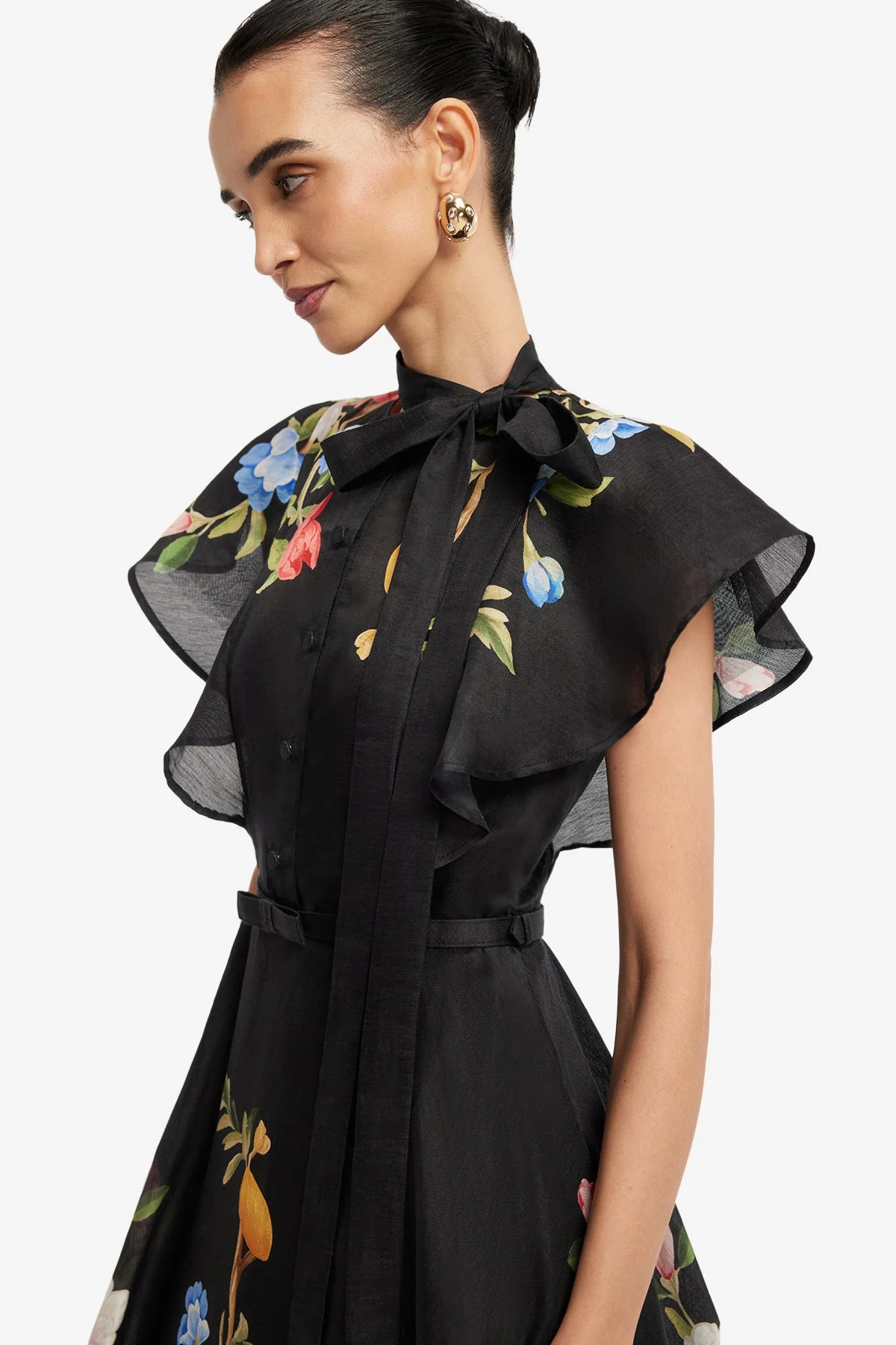 Elsie Flutter Sleeve Midi Dress - Lemon Vine Print in Ebony