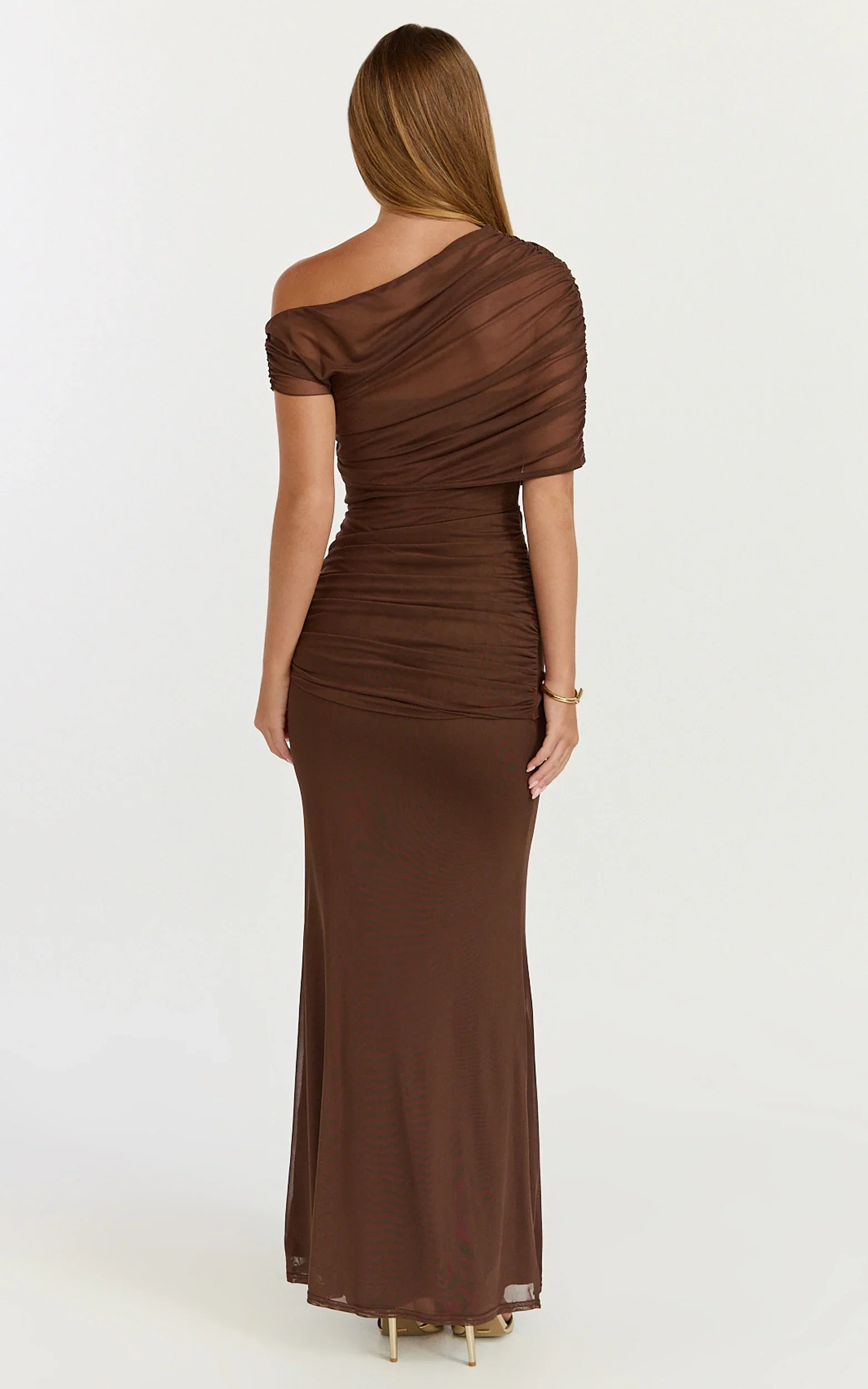 Nicolette Maxi Dress - Cape Sleeve Off Shoulder Dress in Chocolate