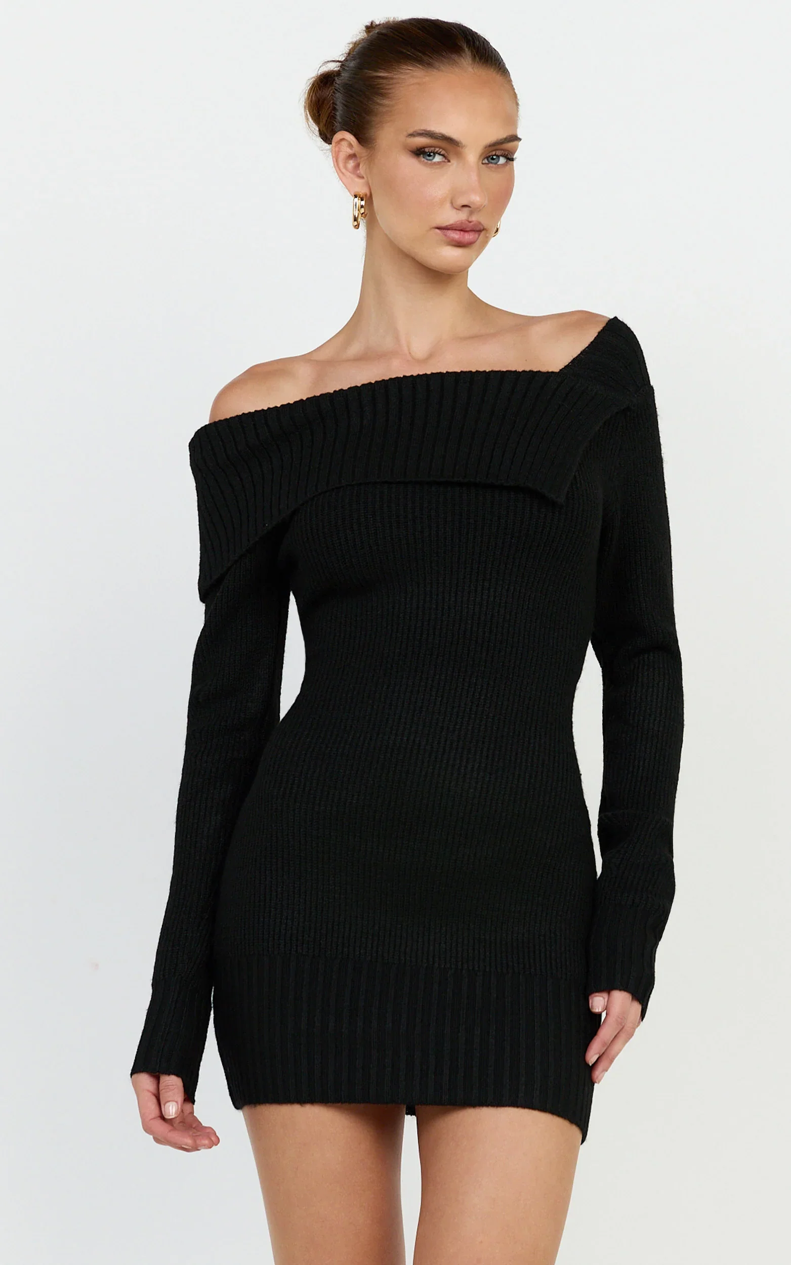 Tess Mini Dress - Asymmetric Off Shoulder Long Sleeve Knit Dress in Black