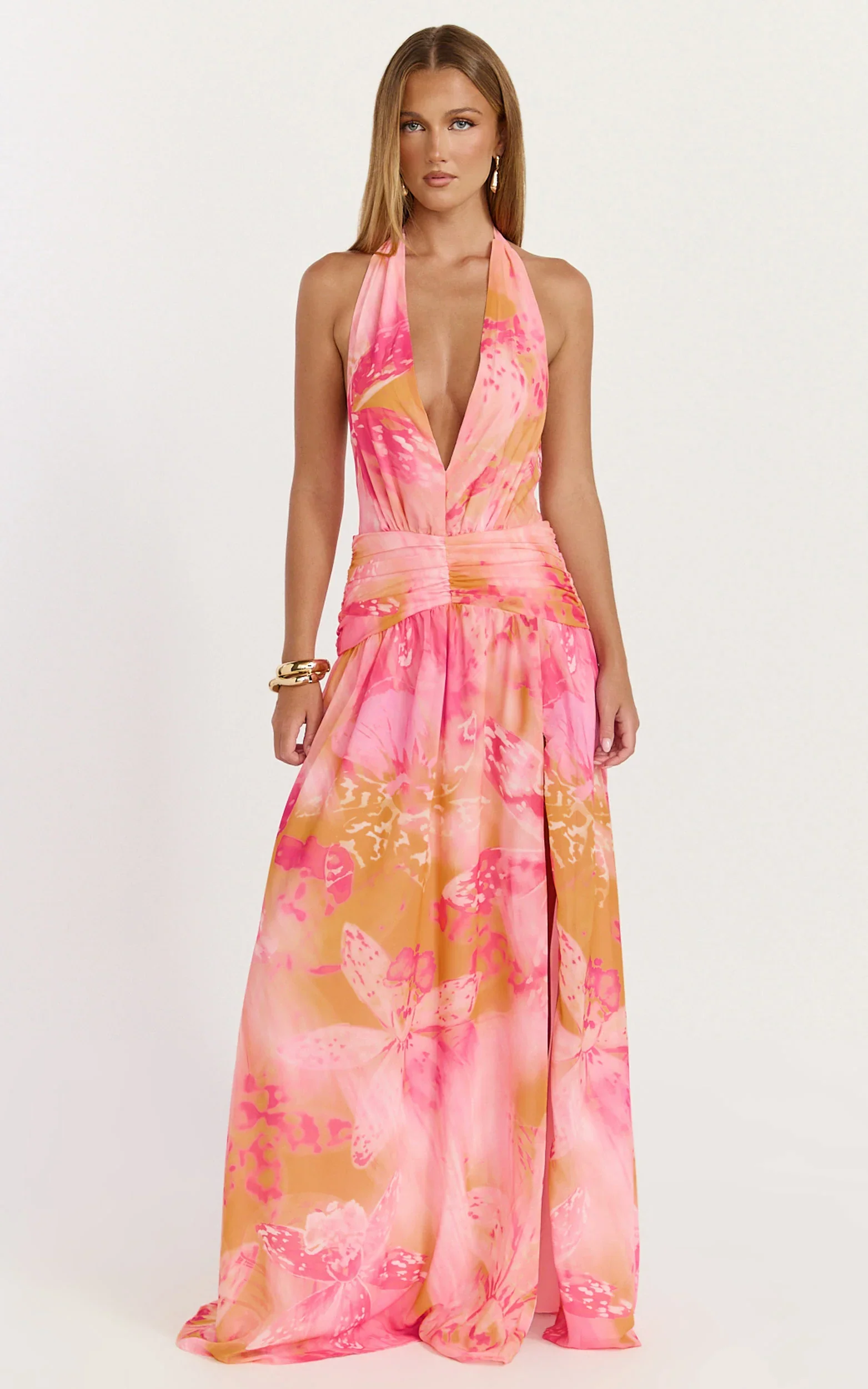 Nova Maxi Dress - Plunge Neckline Backless Georgette Dress in Hot House Orchid Print