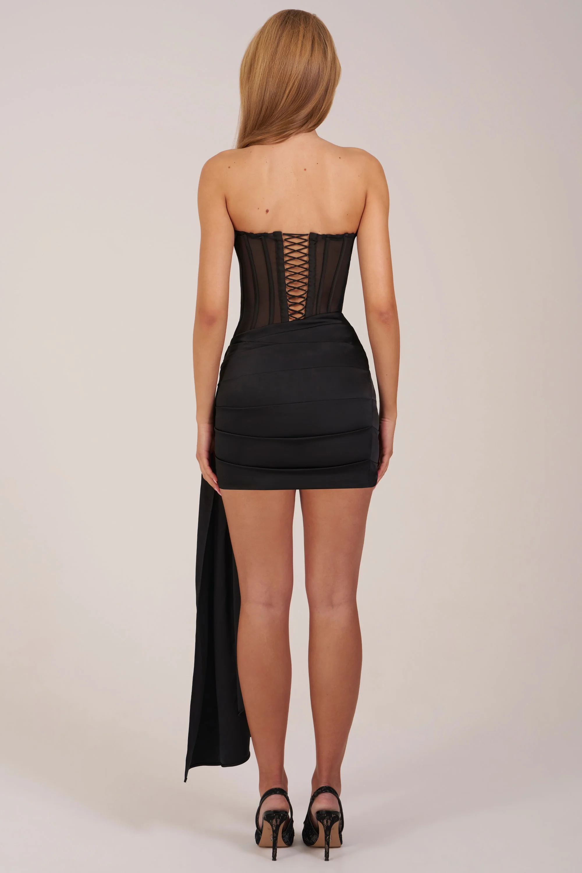 Bandeau Lace-Up Corset Mini Dress  in Black