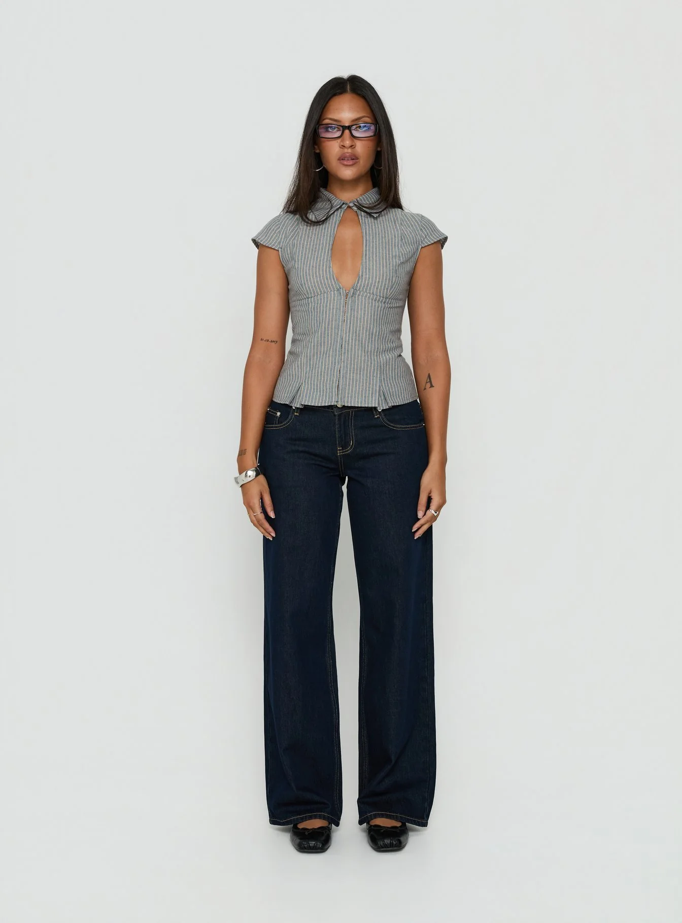 Yalanda Cut Out Collared Top Multi Stripe