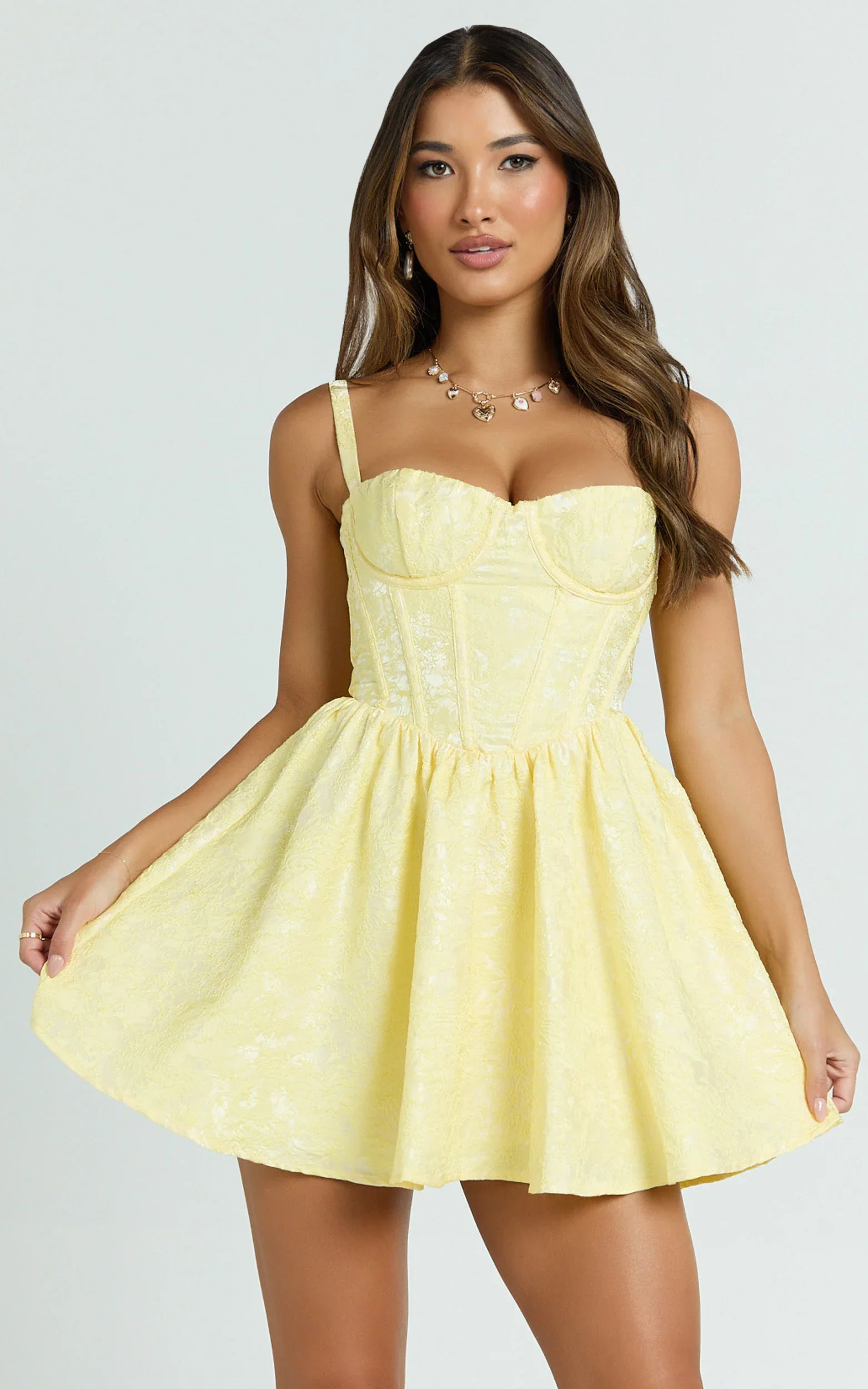 Eden Mini Dress - Jacquard Sweetheart Neck Lace Up Fit And Flare Dress in Yellow