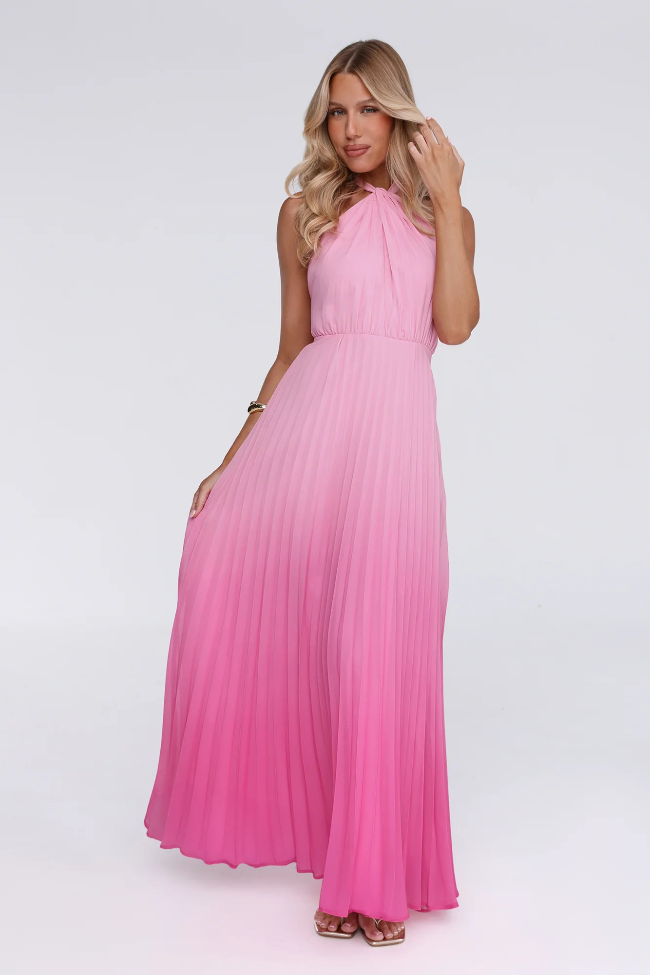 Flirt Fest Halter Pleated Maxi Dress Pink