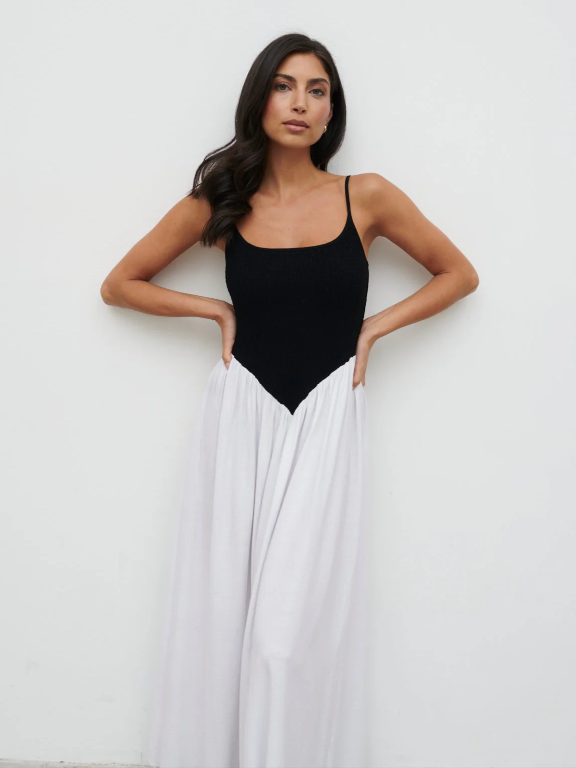 Maude Shirred Contrast Maxi Dress - Black and Cream