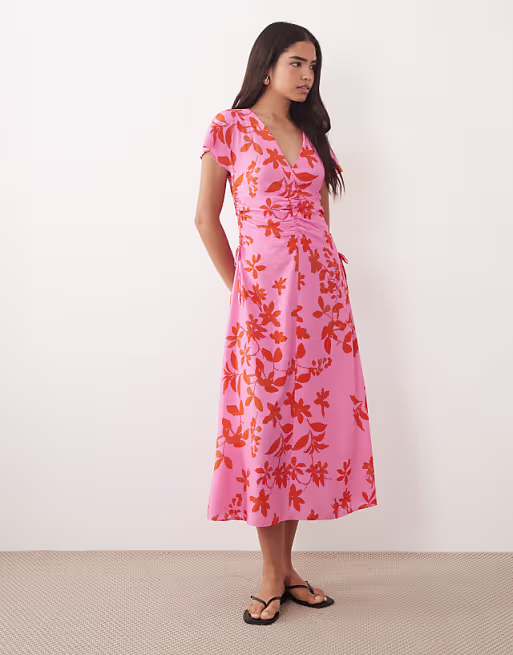 Mango v-neck midi dress in pink floral print