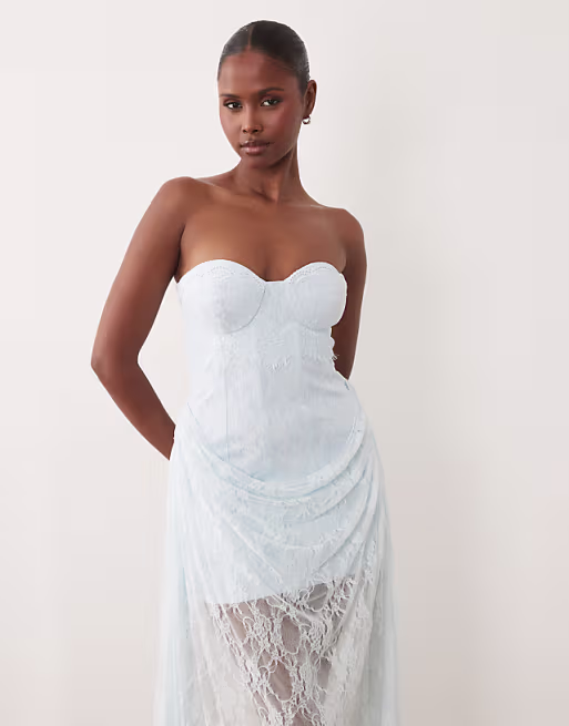 Premium corset bandeau lace maxi dress with skirt overlay in light blue