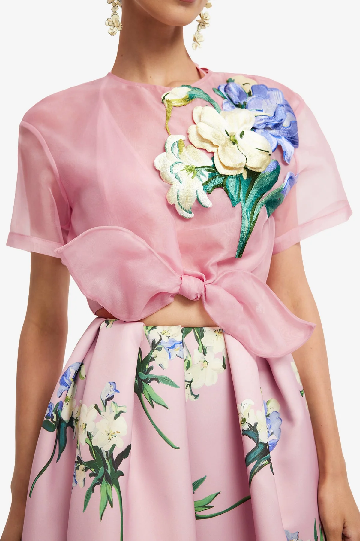 Riley Embroidered Sleeve Top - Bouquet Print in Pastel Pink