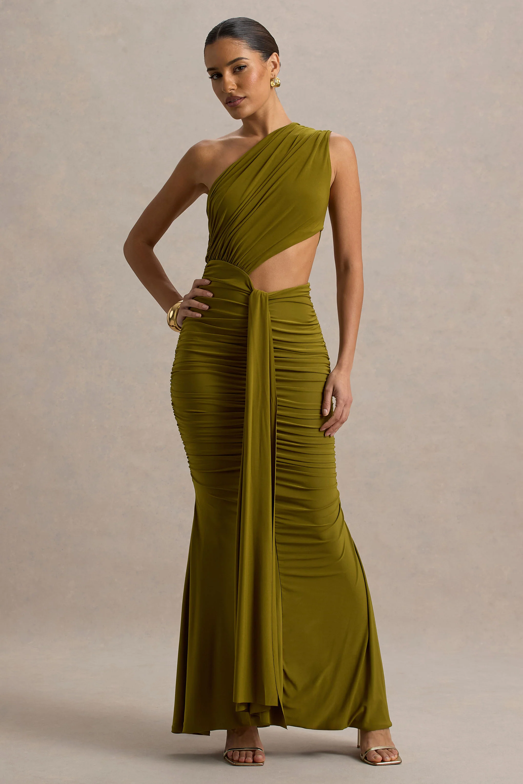 Beline | Green One-Shoulder Cut-Out Maxi Dress With Drape