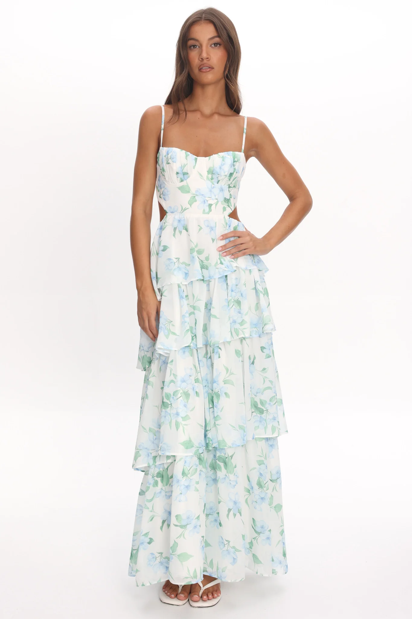 Vianne Tiered Cut-Out Maxi Dress Floral Blue