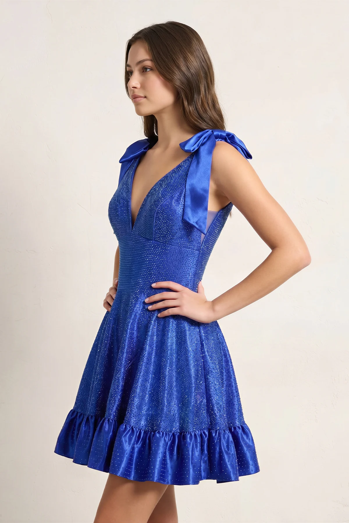 Royal Blue V Neck Satin A Line Beaded Homecoming Dress With Bow