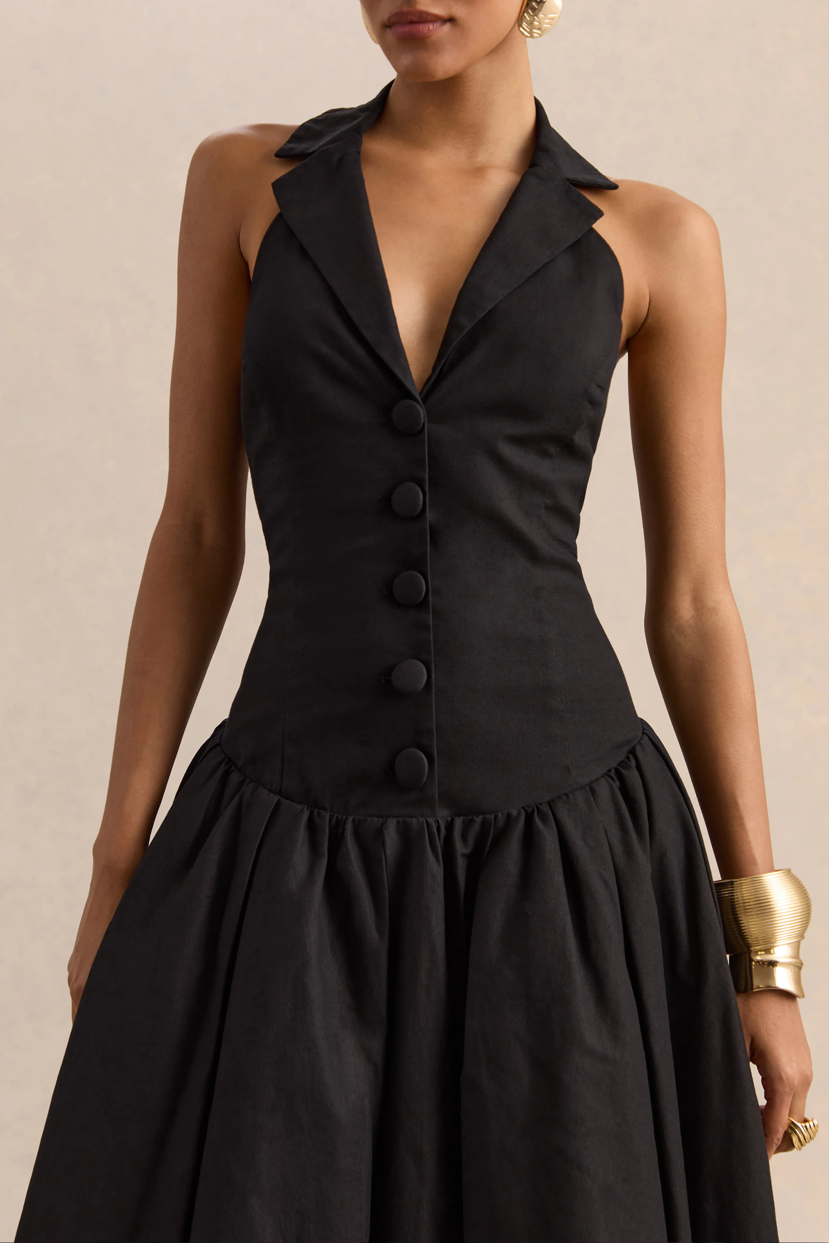 Ella | Black Plunge-Neck Midi Dress With Drop-Waist