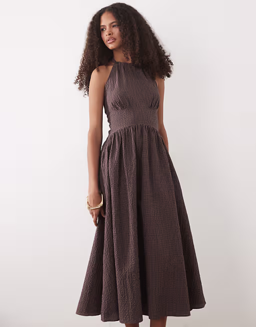 Mango cotton mix halterneck midi dress in brown gingham print