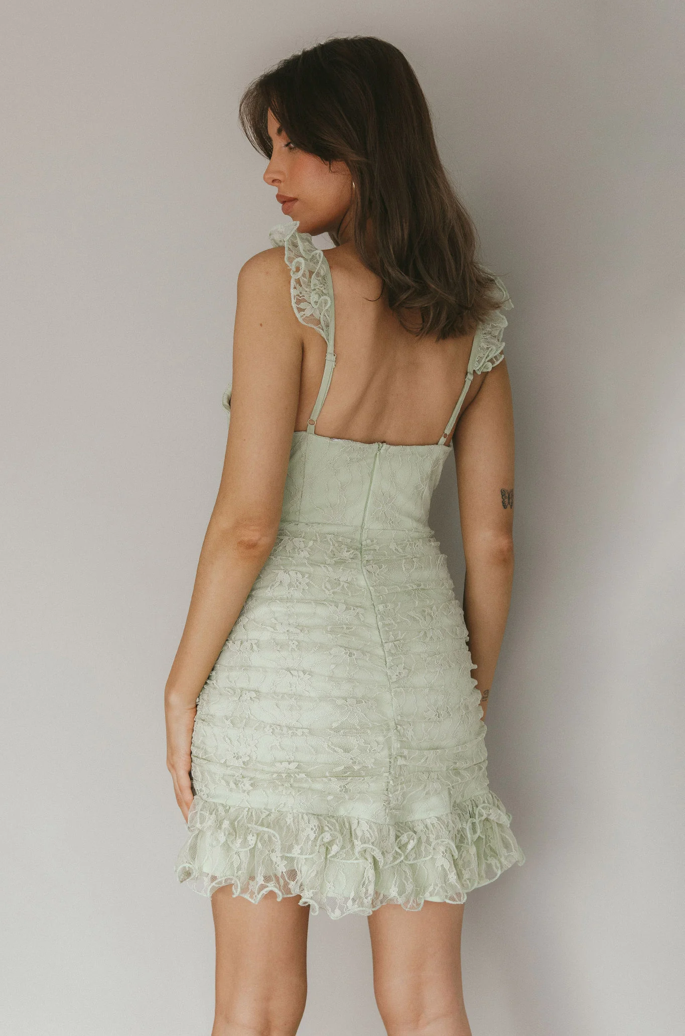 Kaley Ruched Side Layered Frill Hem Lace Mini Dress Sage